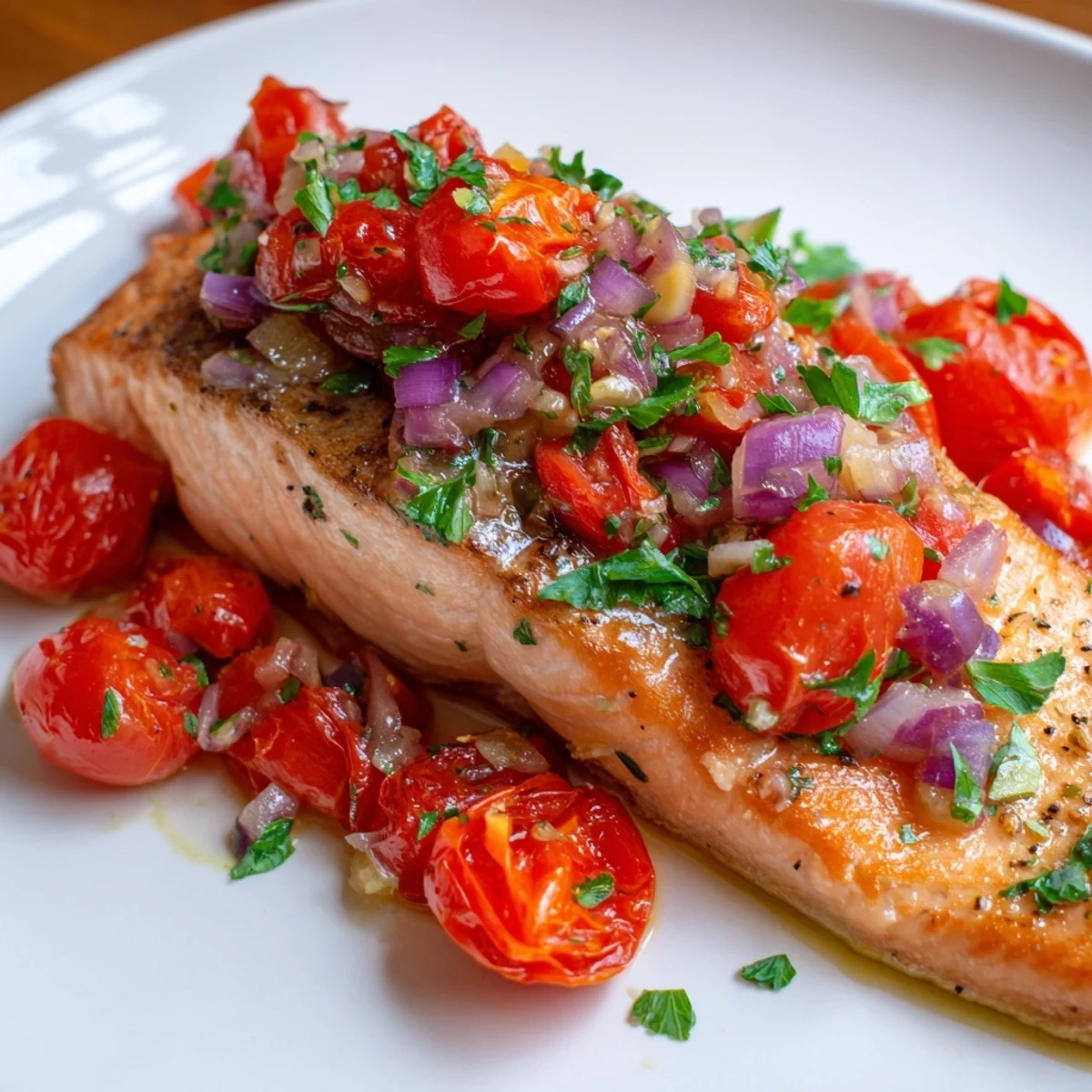 Flaky pink salmon resting in zesty cherry tomato and lemon sauce served over a bed of steamed white rice