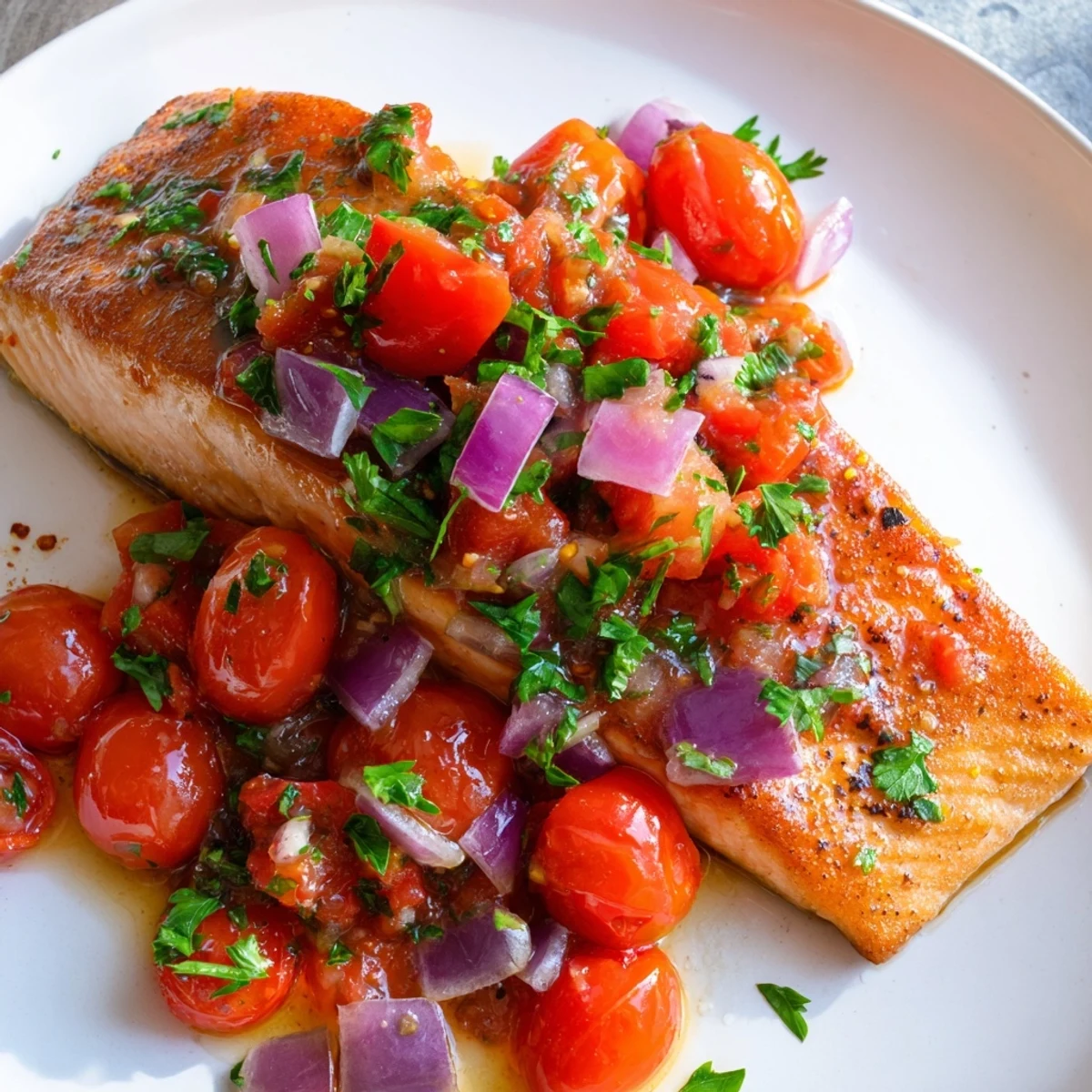 Easy salmon dinner with roasted garlic tomatoes and bright lemon zest garnish on a rustic wooden serving board