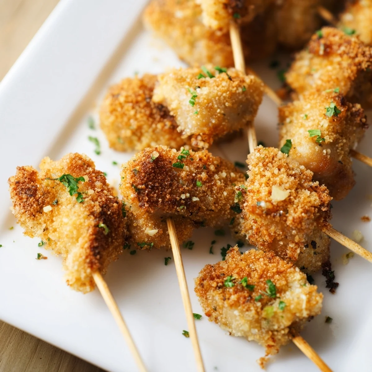 Golden Air Fryer Garlic Parmesan Chicken Skewers with crispy breadcrumb coating on wooden skewers