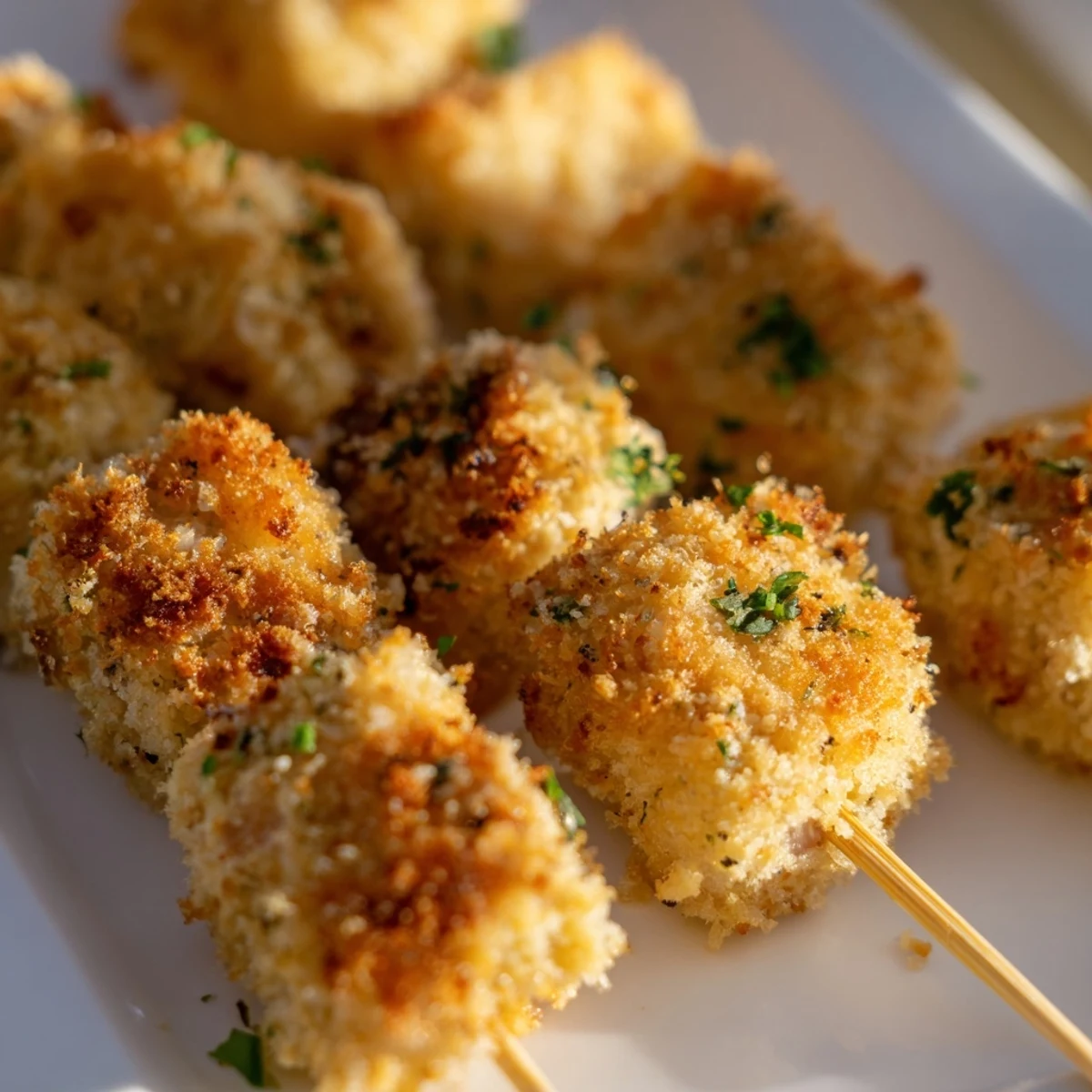 Plate of Air Fryer Garlic Parmesan Chicken Skewers garnished with fresh parsley and lemon wedges