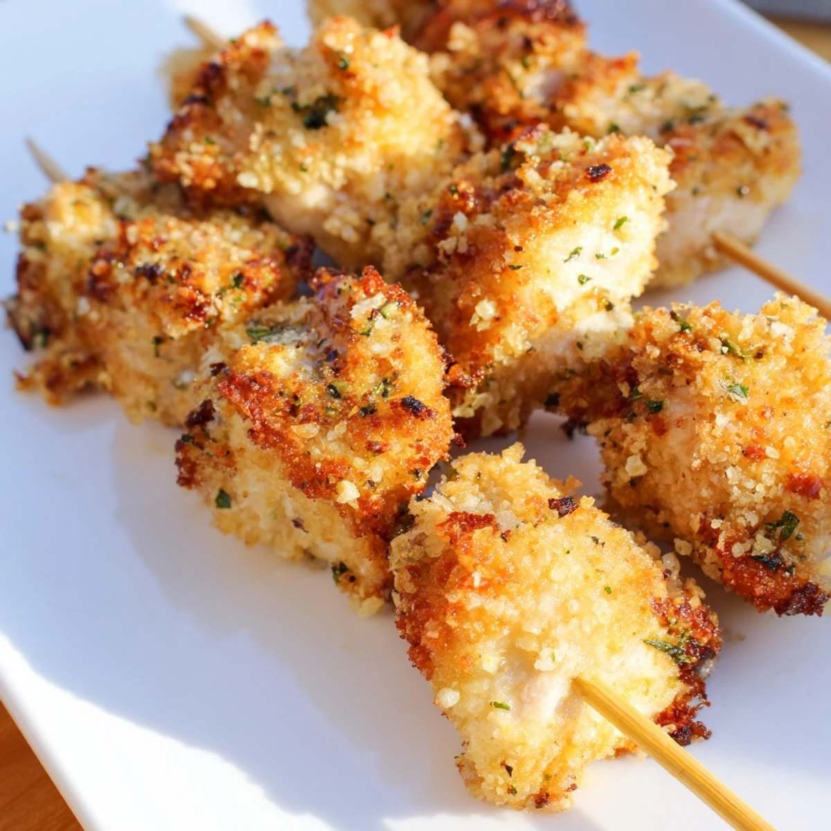 Juicy chicken cubes threaded on skewers air fried to golden perfection with savory garlic-Parmesan crust