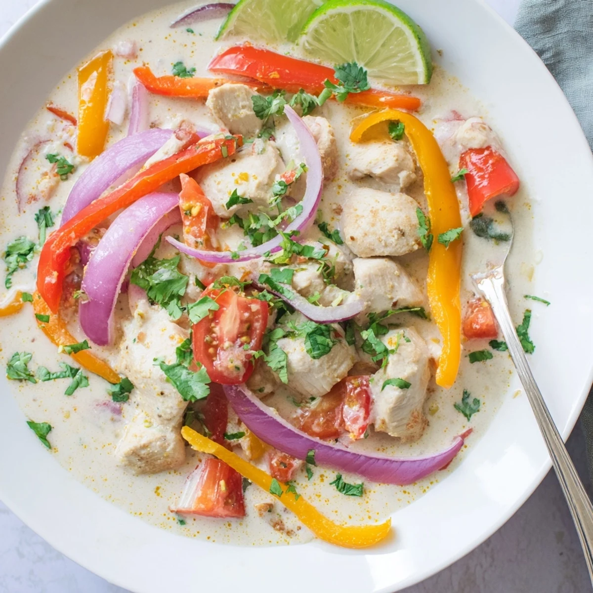 Tender chicken thighs swimming in rich coconut milk sauce with fresh cilantro garnish