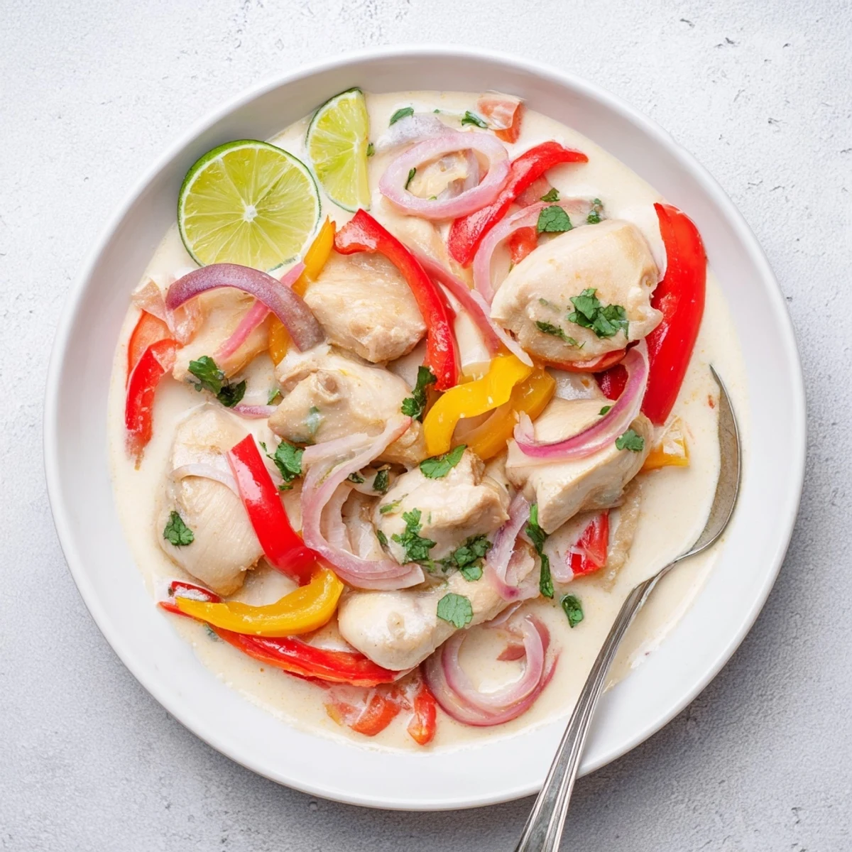 Golden spicy Brazilian coconut chicken simmered with colorful bell peppers in creamy white sauce