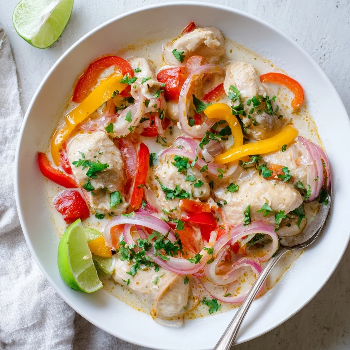 Vibrant Moqueca de Frango served hot with lime wedges and fluffy white rice