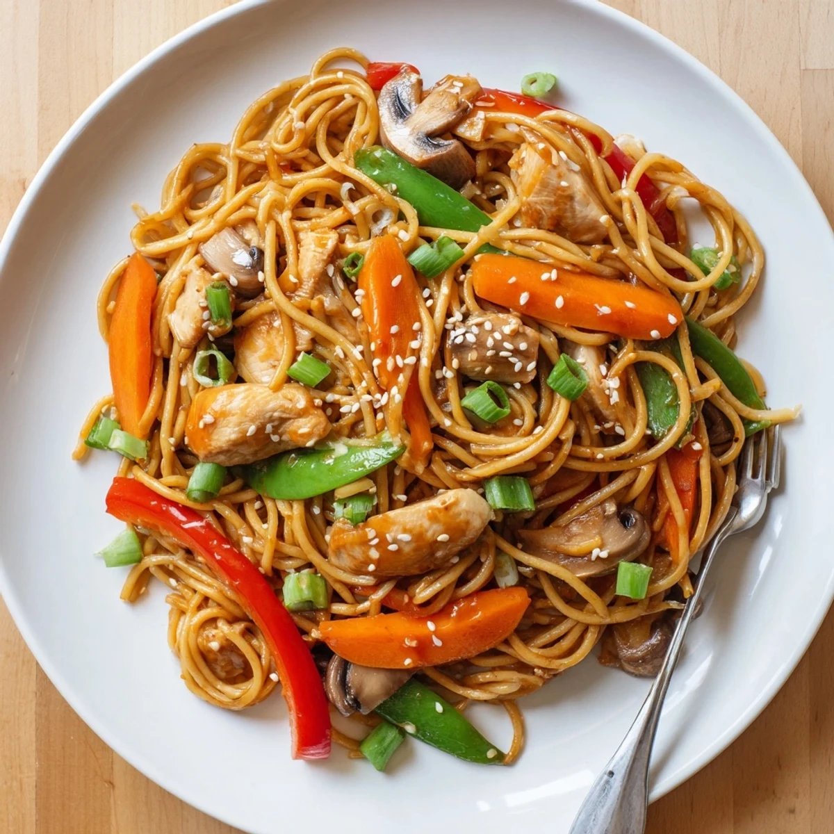 Slow cooker chicken lo mein featuring tender meat and crisp colorful vegetables coated in glossy brown sauce