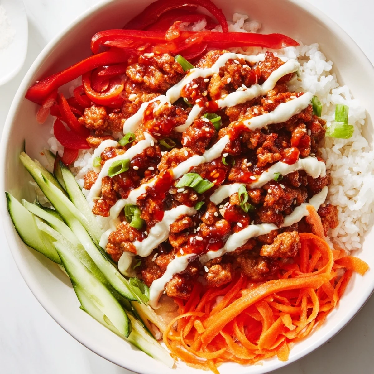 Savory firecracker ground chicken bowl with spicy glazed meat served over fluffy jasmine rice