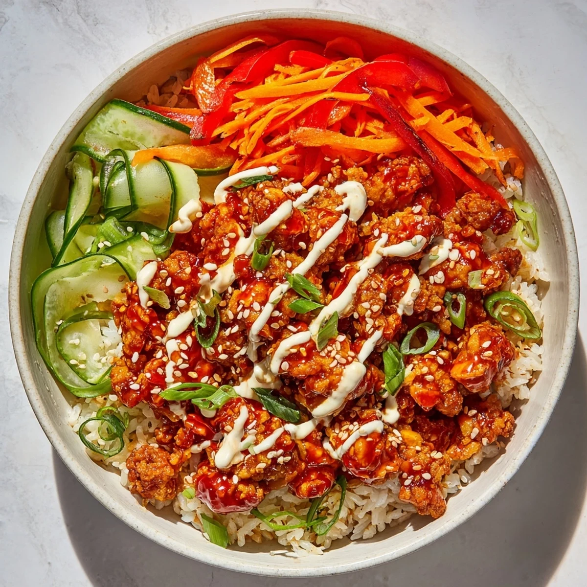 Colorful Asian-inspired ground chicken bowl featuring crisp vegetables and creamy sriracha drizzle topping