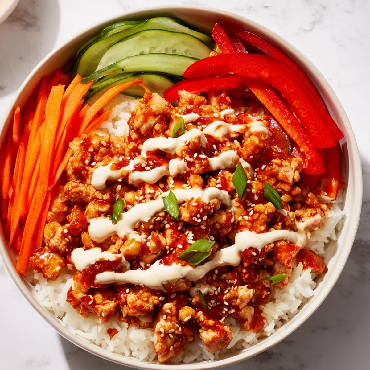 Fiery ground chicken bowl with carrots and cucumber arranged on a bed of rice
