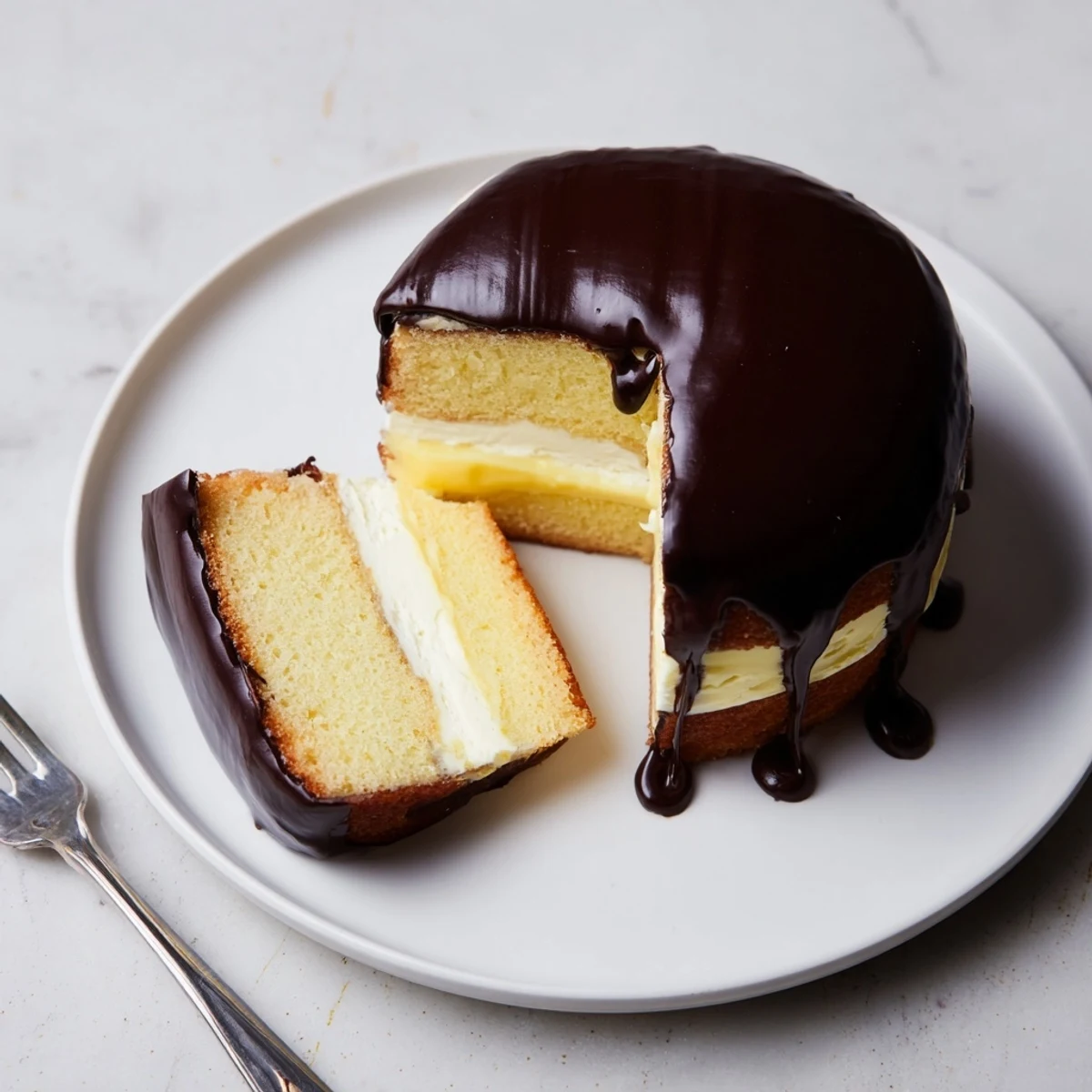 Golden slice of classic Boston cream pie revealing vanilla cream and chocolate glaze