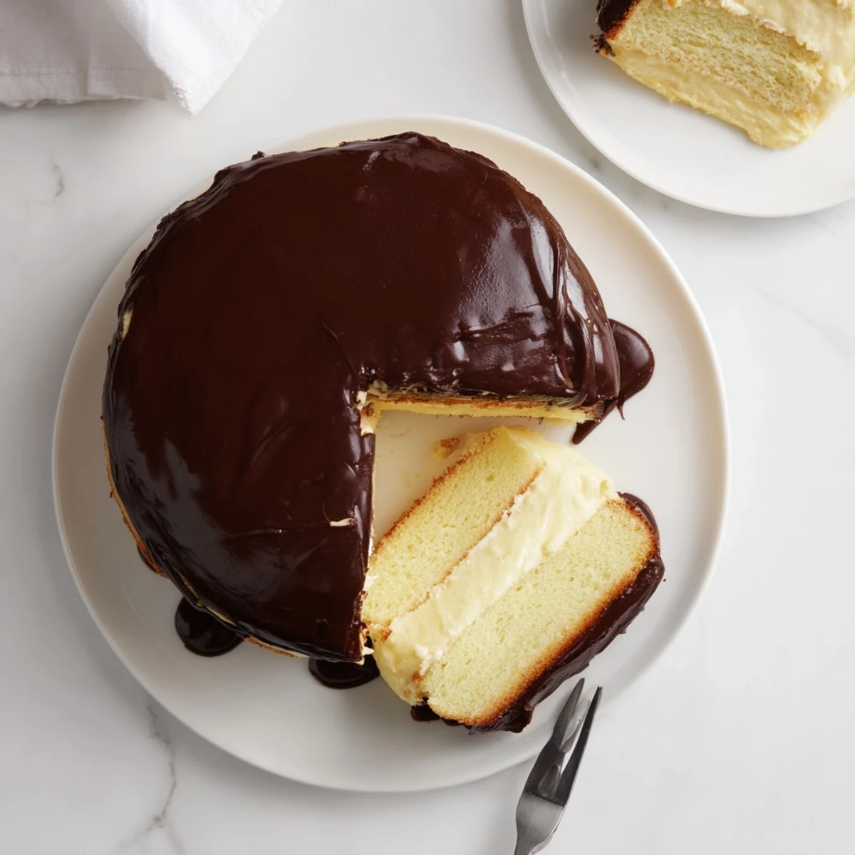 Homemade Boston cream pie with silky pastry cream between tender sponge cake layers