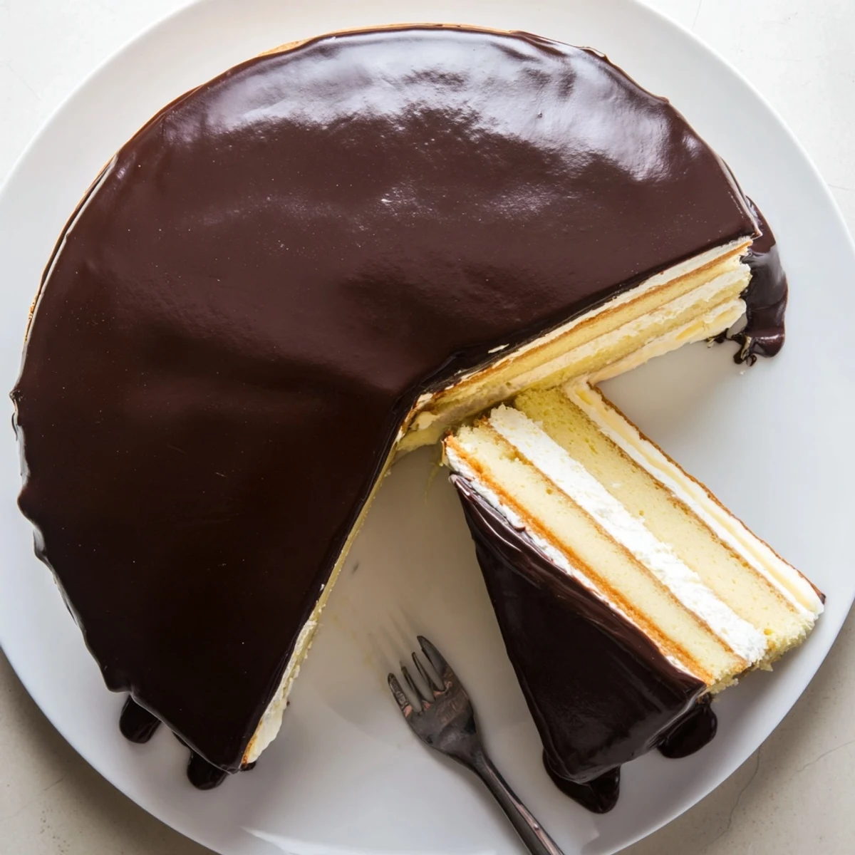 Classic Boston cream pie topped with glossy chocolate ganache dripping down the sides