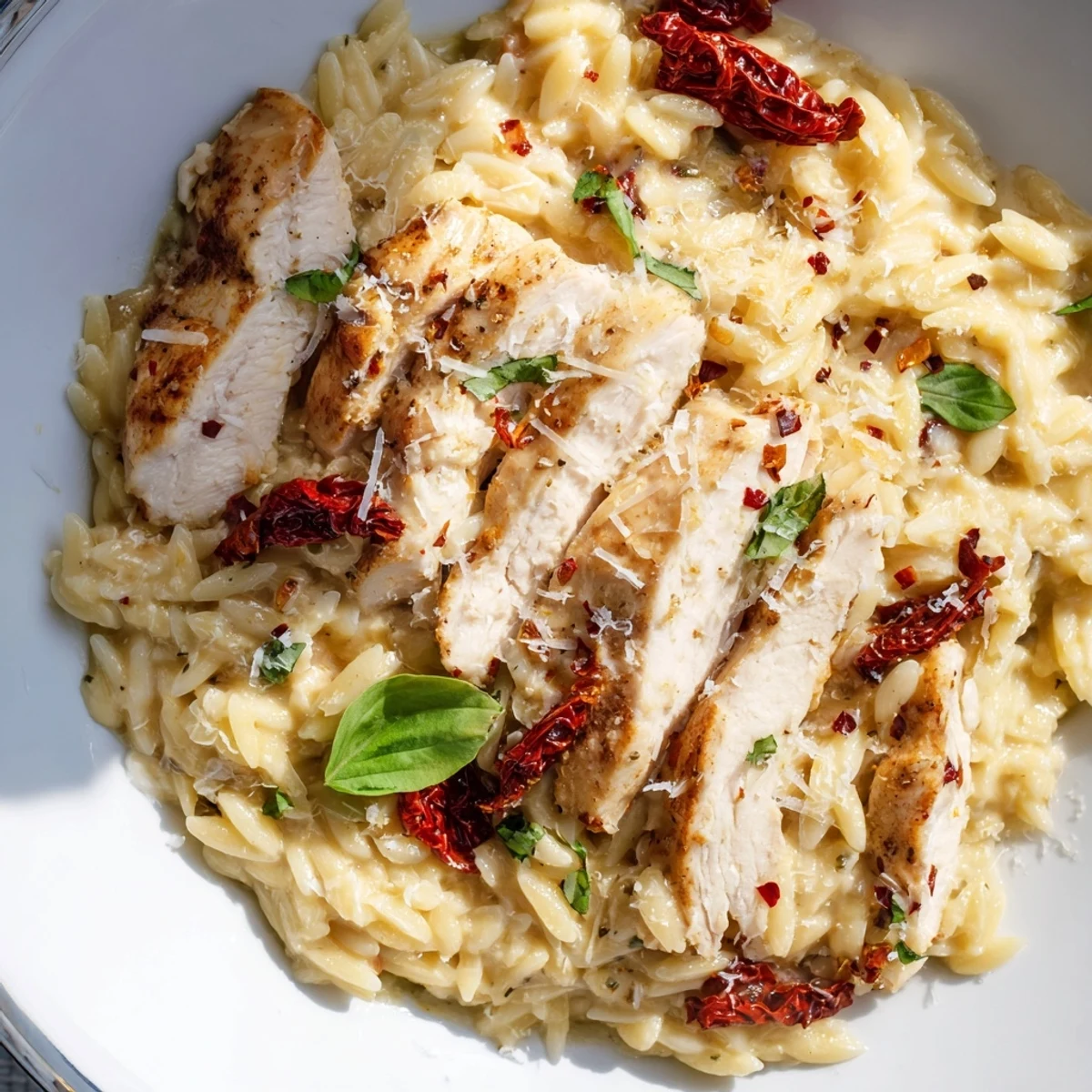 Creamy Marry Me Chicken Orzo with sun-dried tomatoes and fresh basil garnish