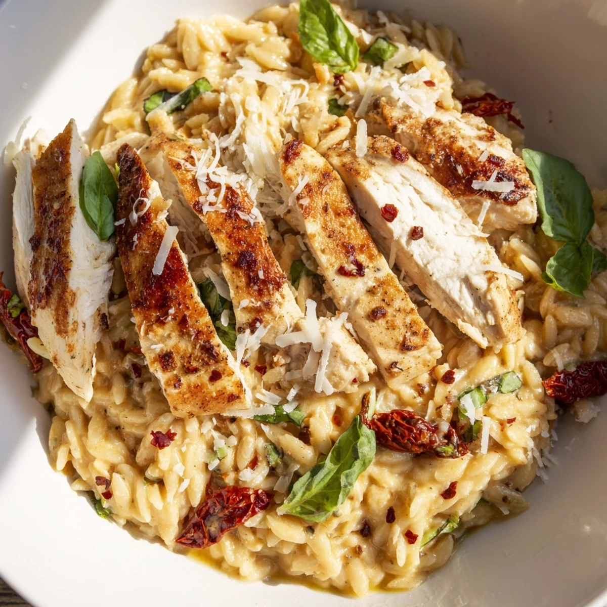 Golden seared chicken nestled in rich orzo pasta with parmesan cream sauce