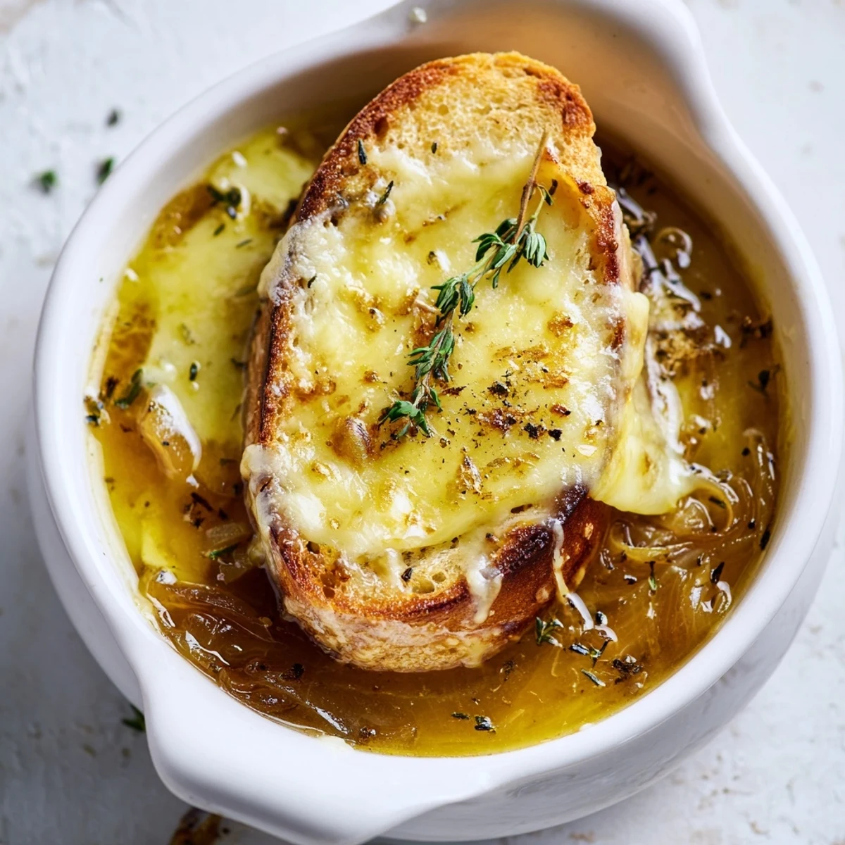 Golden brown French onion soup topped with bubbling melted Gruyère and toasted baguette