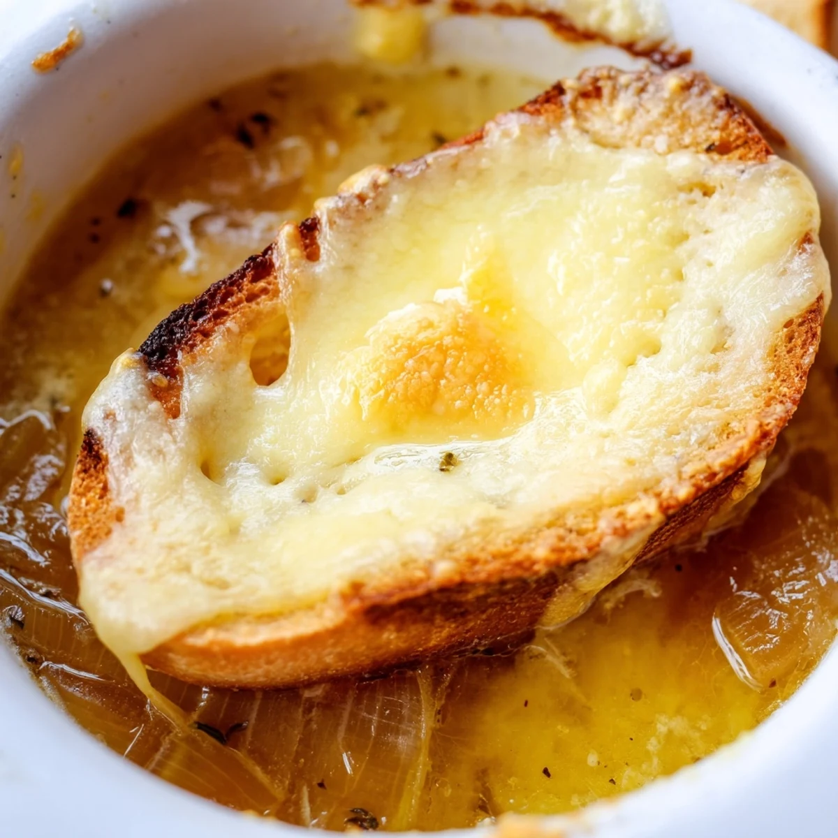 Classic French onion soup with caramelized onions in rich broth under cheesy crust