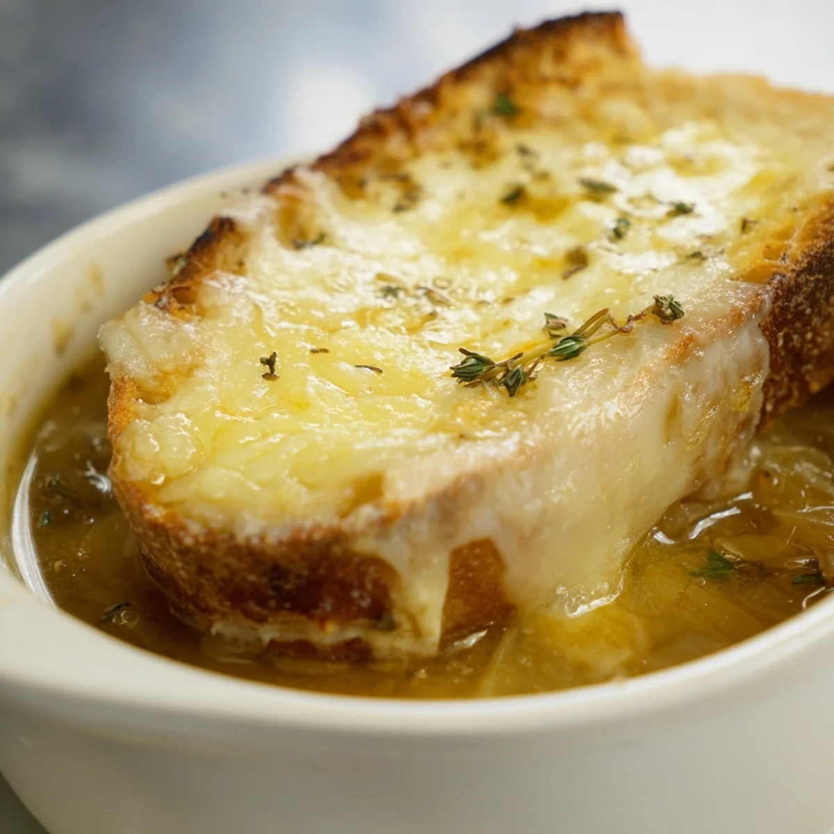 Oven-broiled French onion soup with golden bread and stretchy melted cheese topping