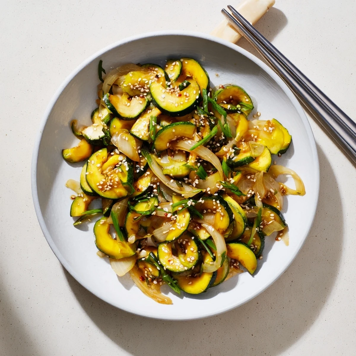 Golden zucchini slices and sweet onions glistening in savory Japanese soy-mirin glaze