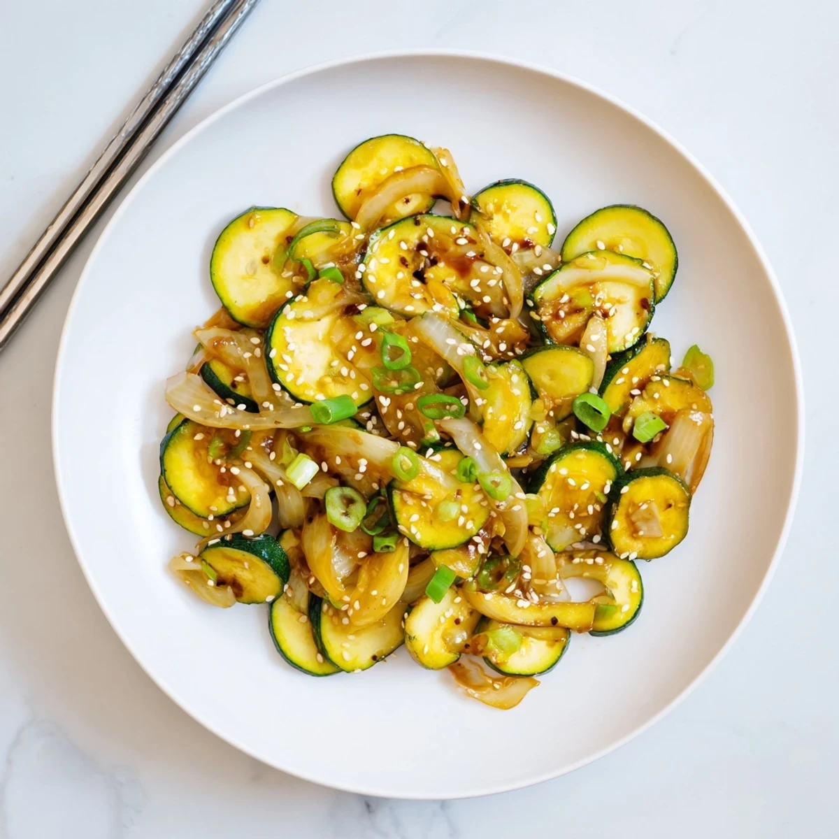 Vibrant vegetable stir fry with tender crisp zucchini and caramelized onions in sesame soy sauce