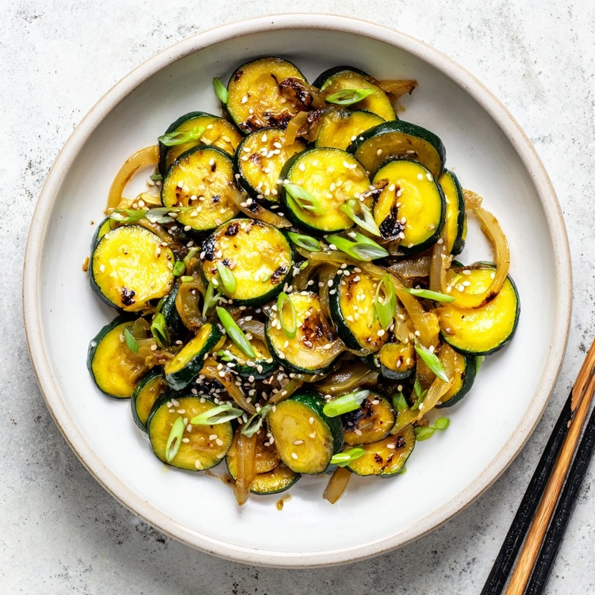 Light Japanese zucchini onion stir fry served garnished with green onions and toasted sesame seeds
