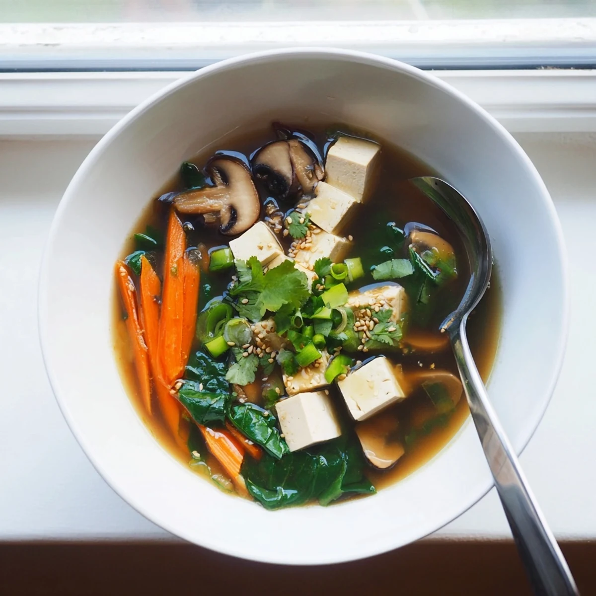 Creamy warm tofu soup with floating spinach, mushrooms, and carrots in savory broth