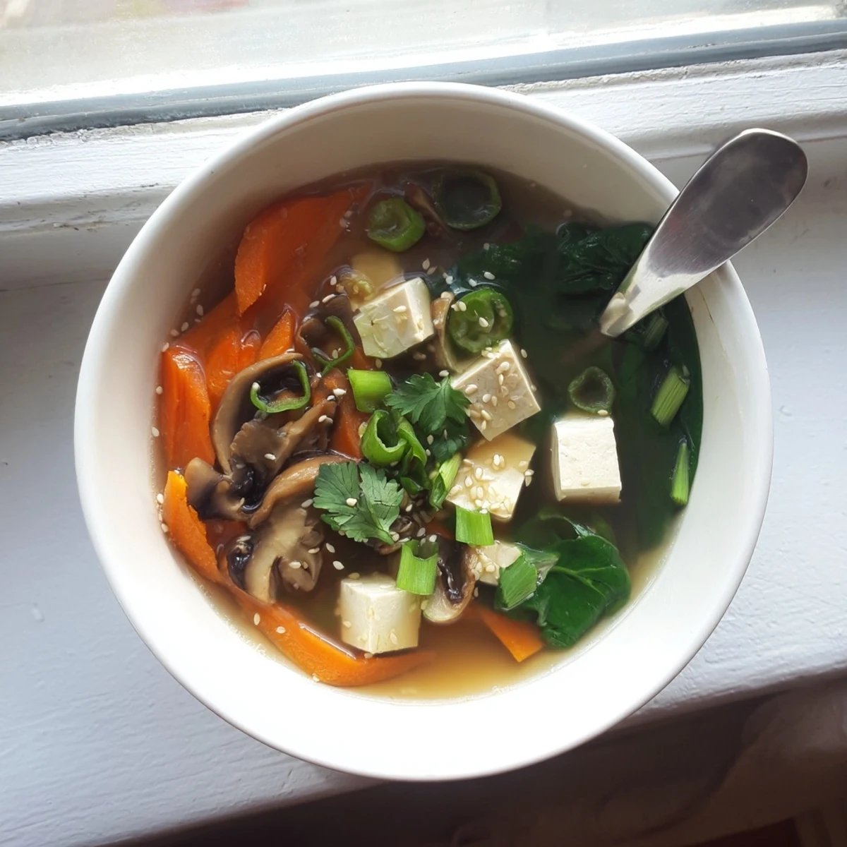 Steaming bowl of Asian-style warm tofu soup garnished with fresh cilantro and sesame seeds