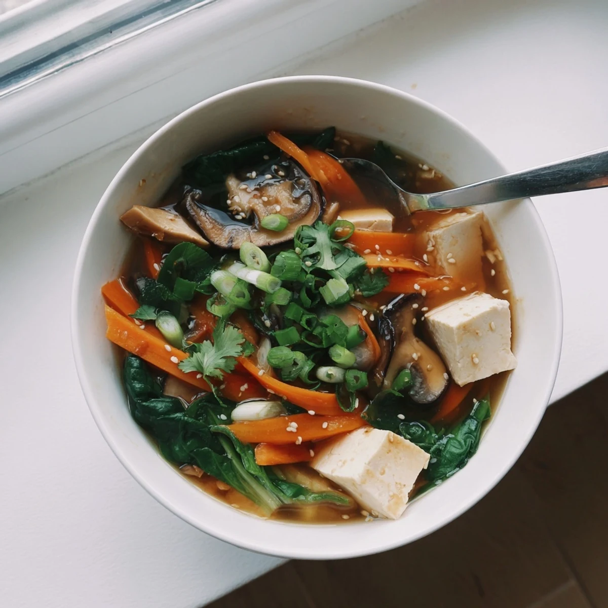 Vegetarian warm tofu soup featuring silky tofu cubes in aromatic miso vegetable broth