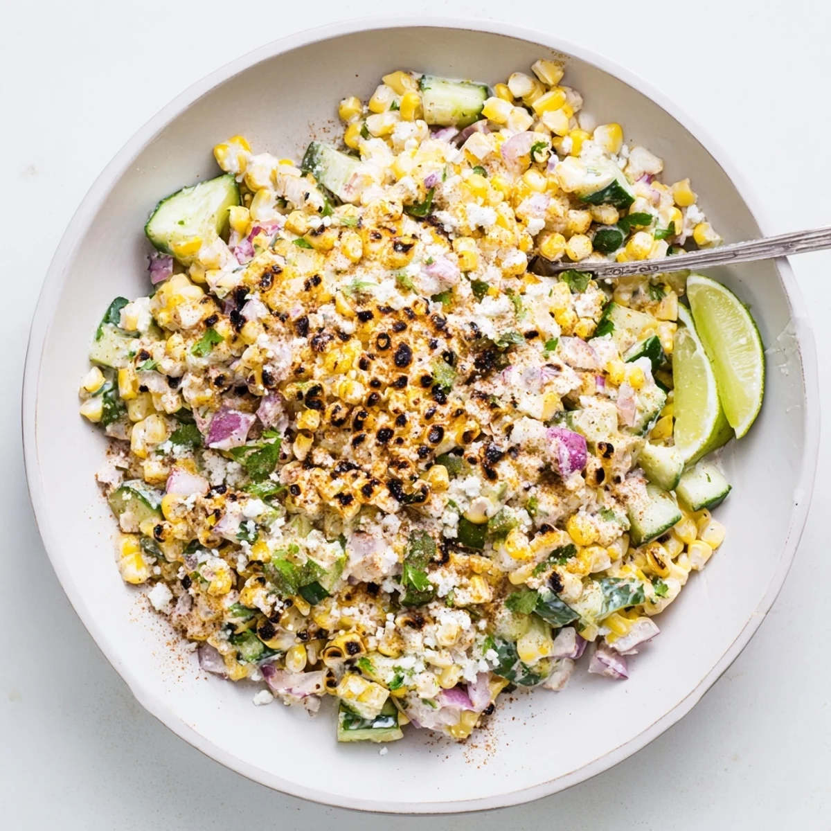Golden charred corn and crisp cucumbers tossed in creamy street corn salad with crumbled cotija cheese and fresh cilantro