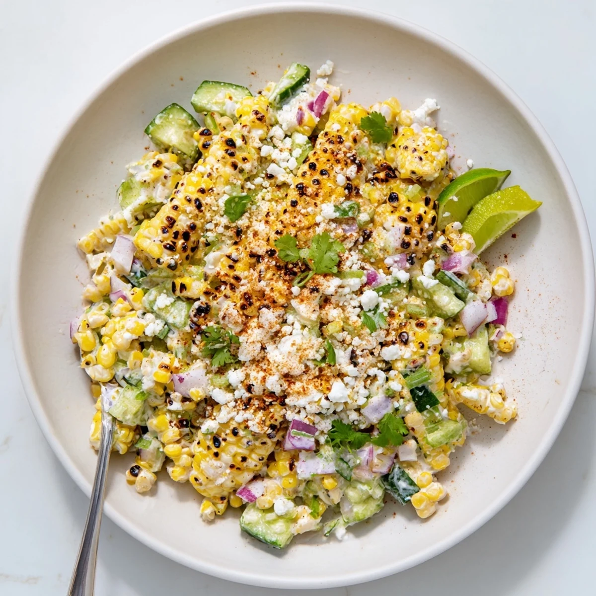 Vibrant Mexican street corn salad featuring sweet corn crunchy cucumber and tangy creamy dressing topped with zesty lime wedges