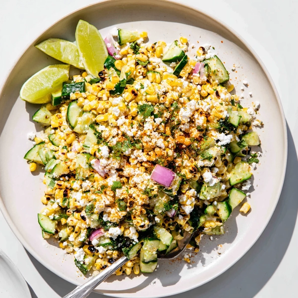 Fresh cucumber street corn salad layered with charred corn kernels creamy dressing and crumbled cheese garnished with chili powder