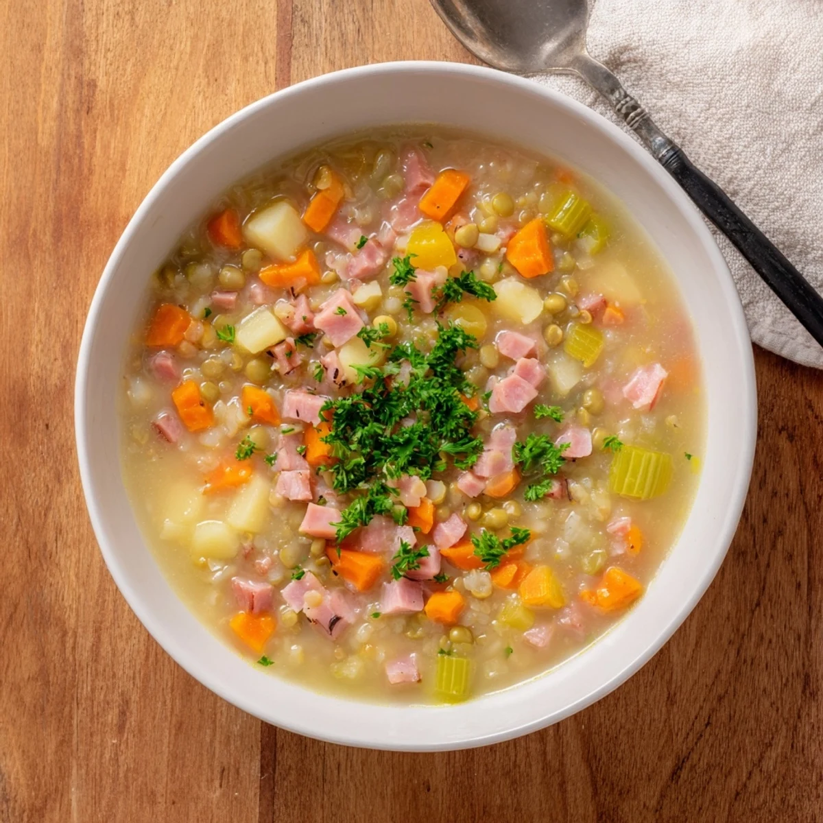 Golden bowl of hearty split pea soup with tender vegetables and fresh parsley garnish