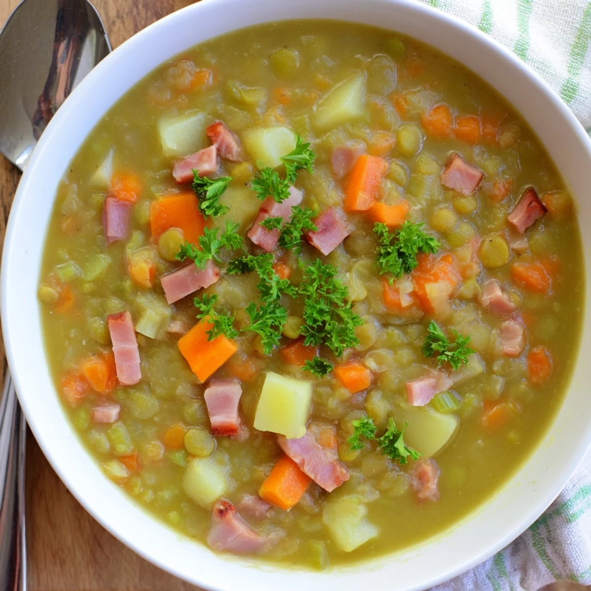 Creamy hearty split pea soup simmered with carrots and celery in rustic white bowl