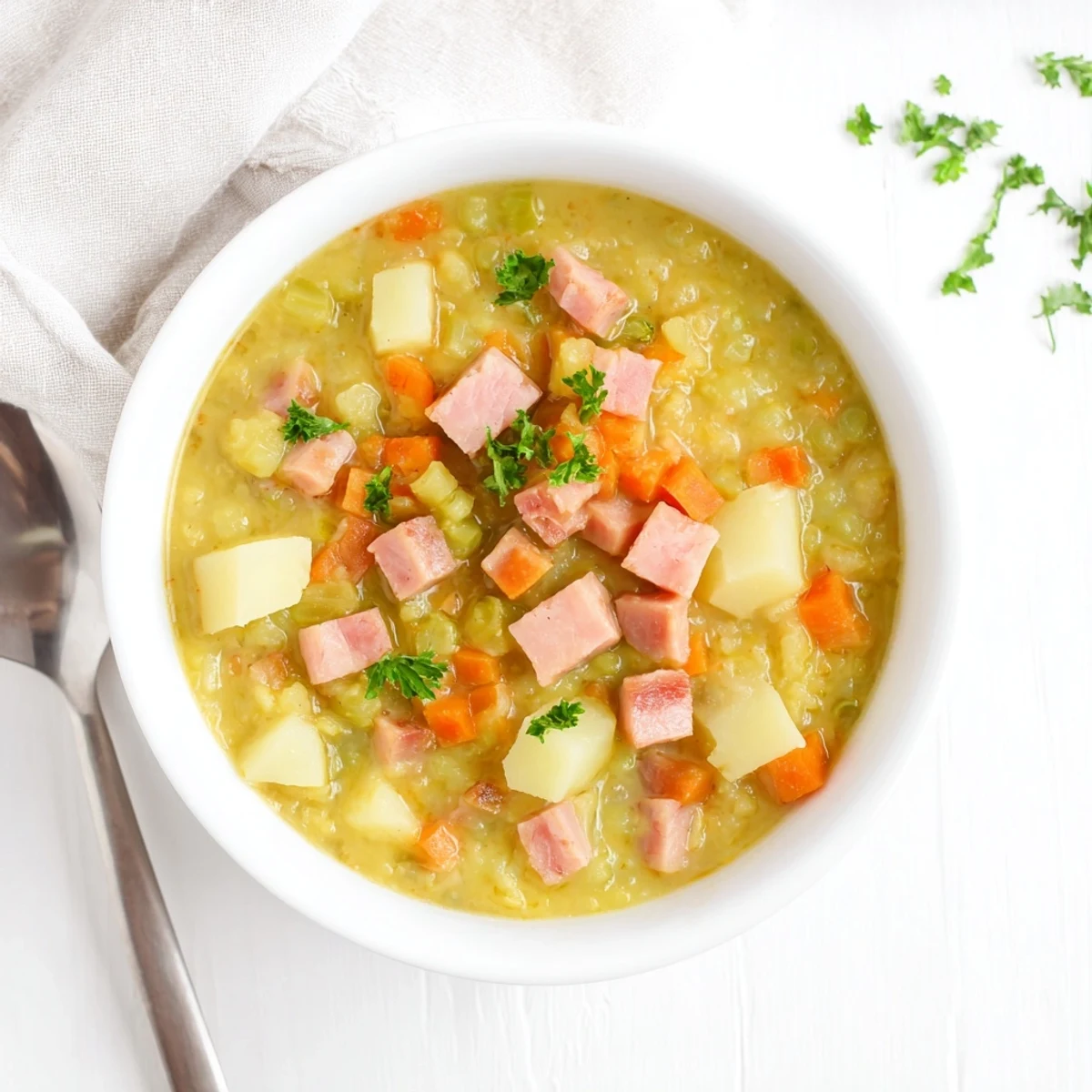 Steam rising from thick hearty split pea soup topped with chopped green parsley