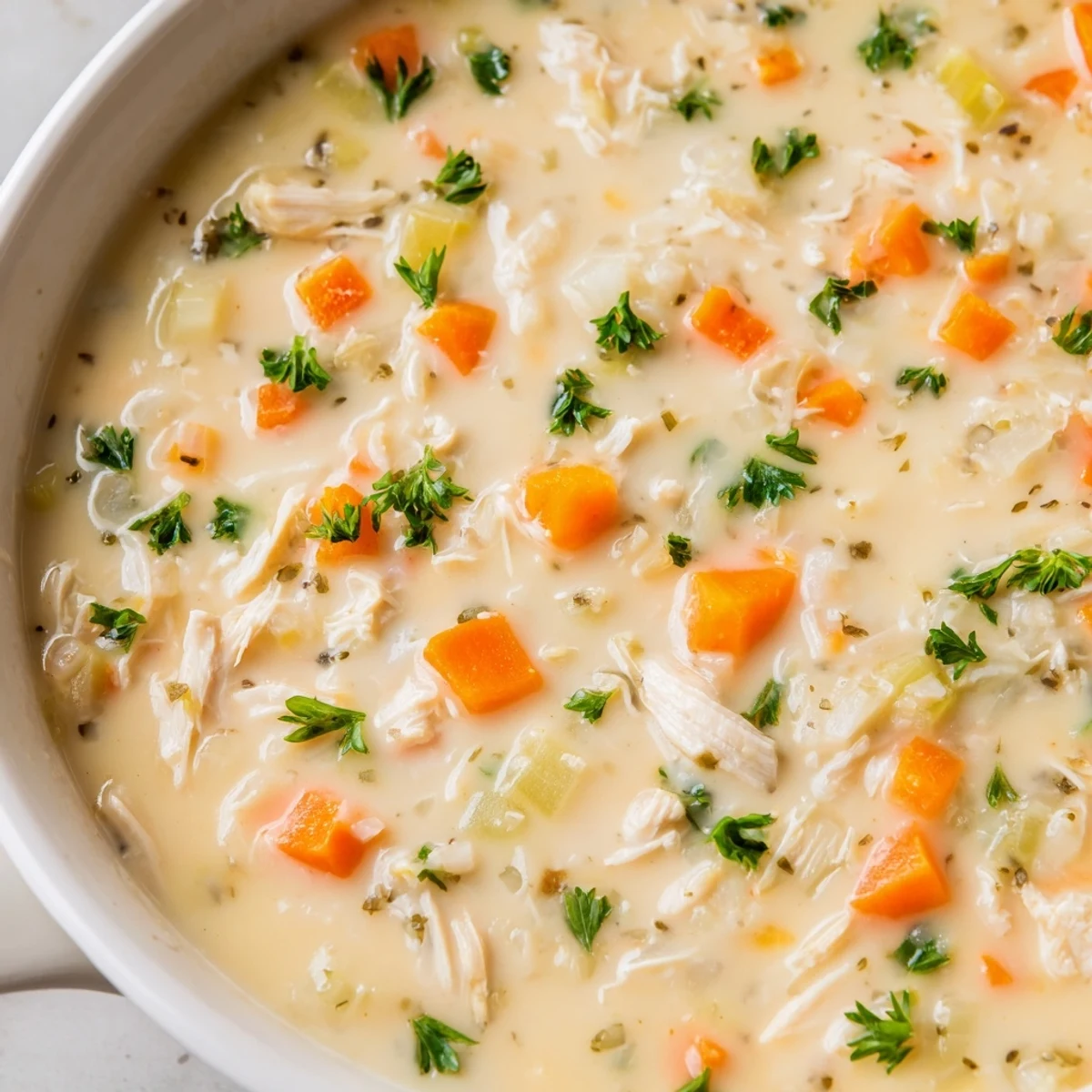 Cream of chicken soup in white bowl with shredded chicken, carrots, celery, and fresh parsley garnish