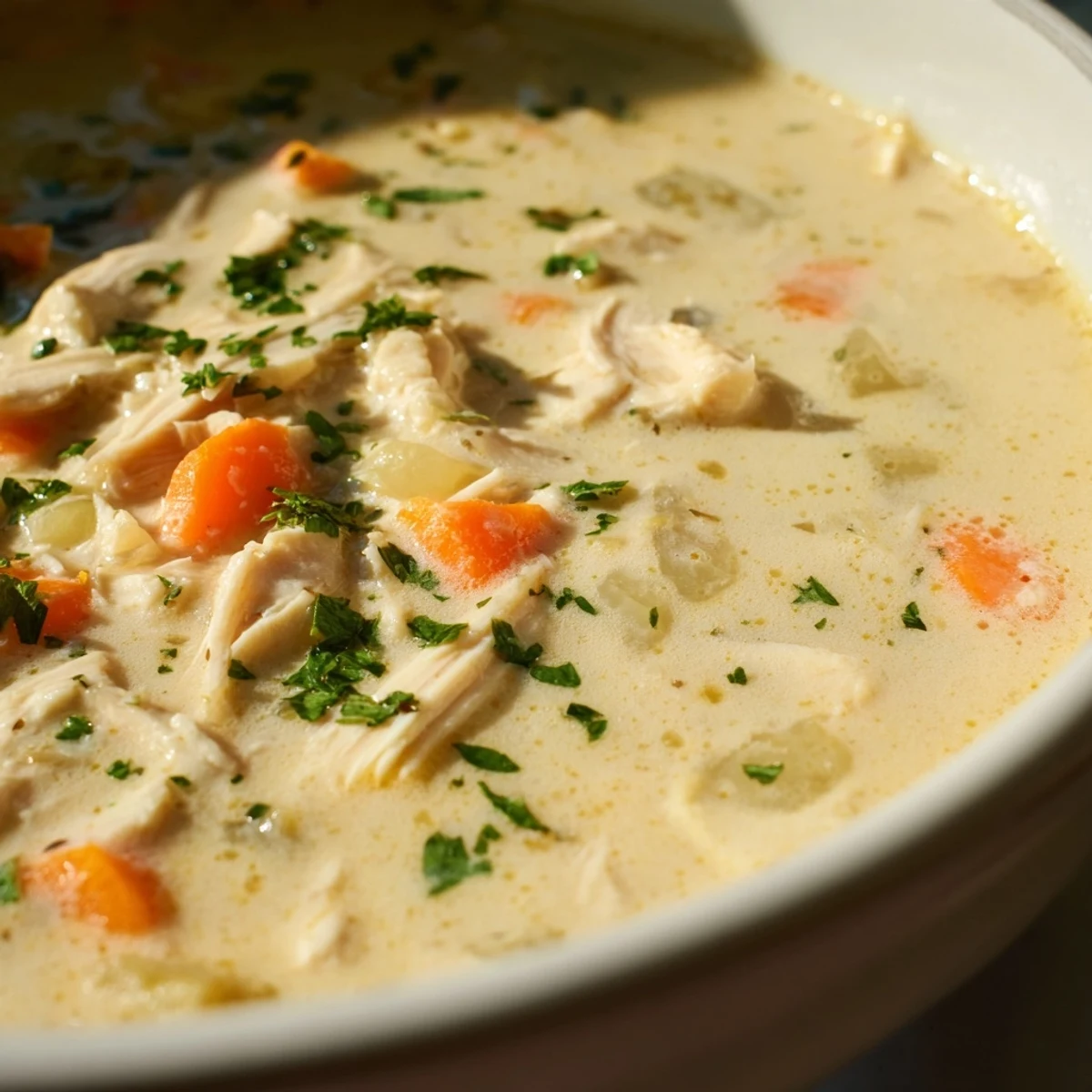 Steaming cream of chicken soup ladled into rustic bowls, featuring tender chicken pieces and colorful diced vegetables
