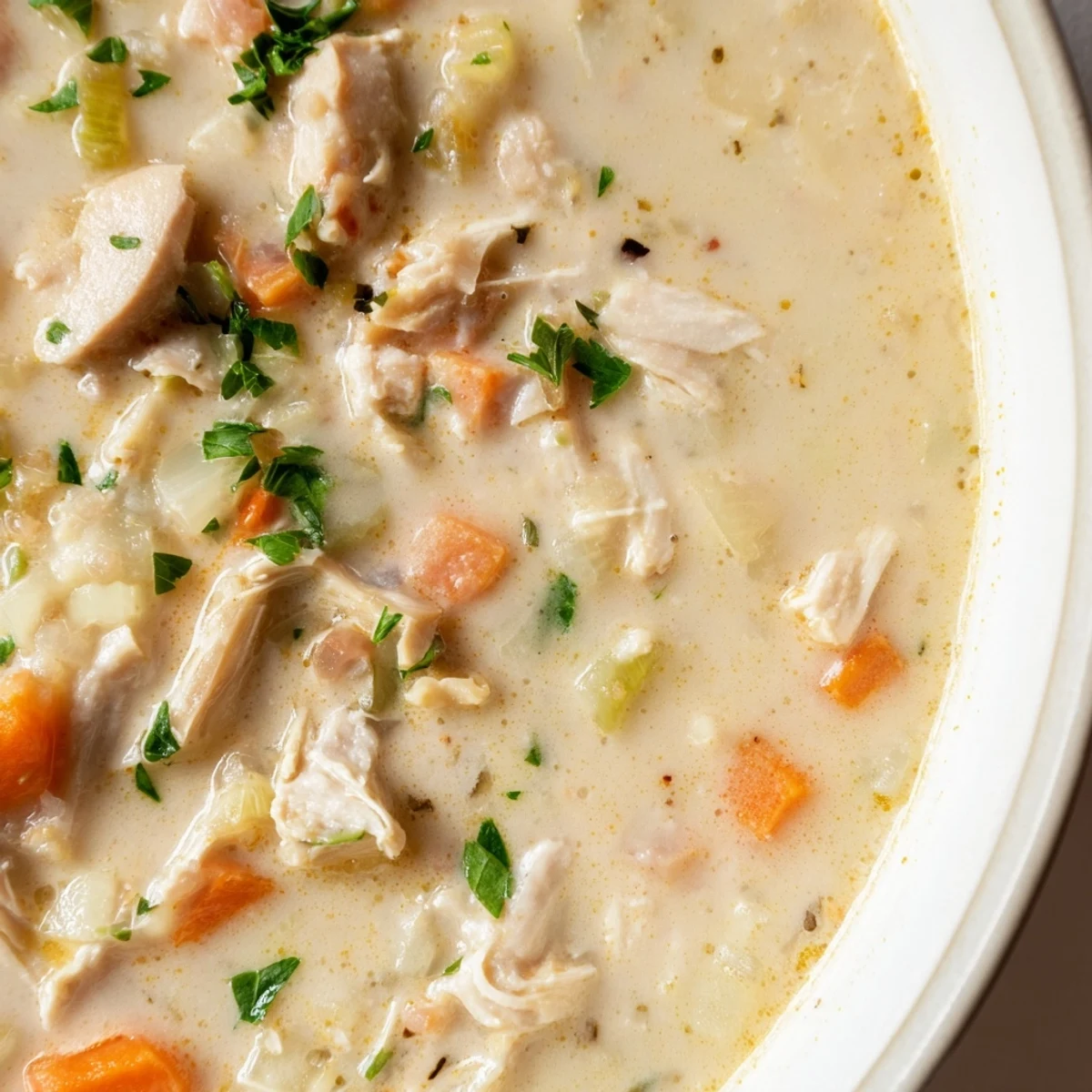 Homemade cream of chicken soup served with crusty bread, showcasing a velvety texture with shredded chicken and vegetables