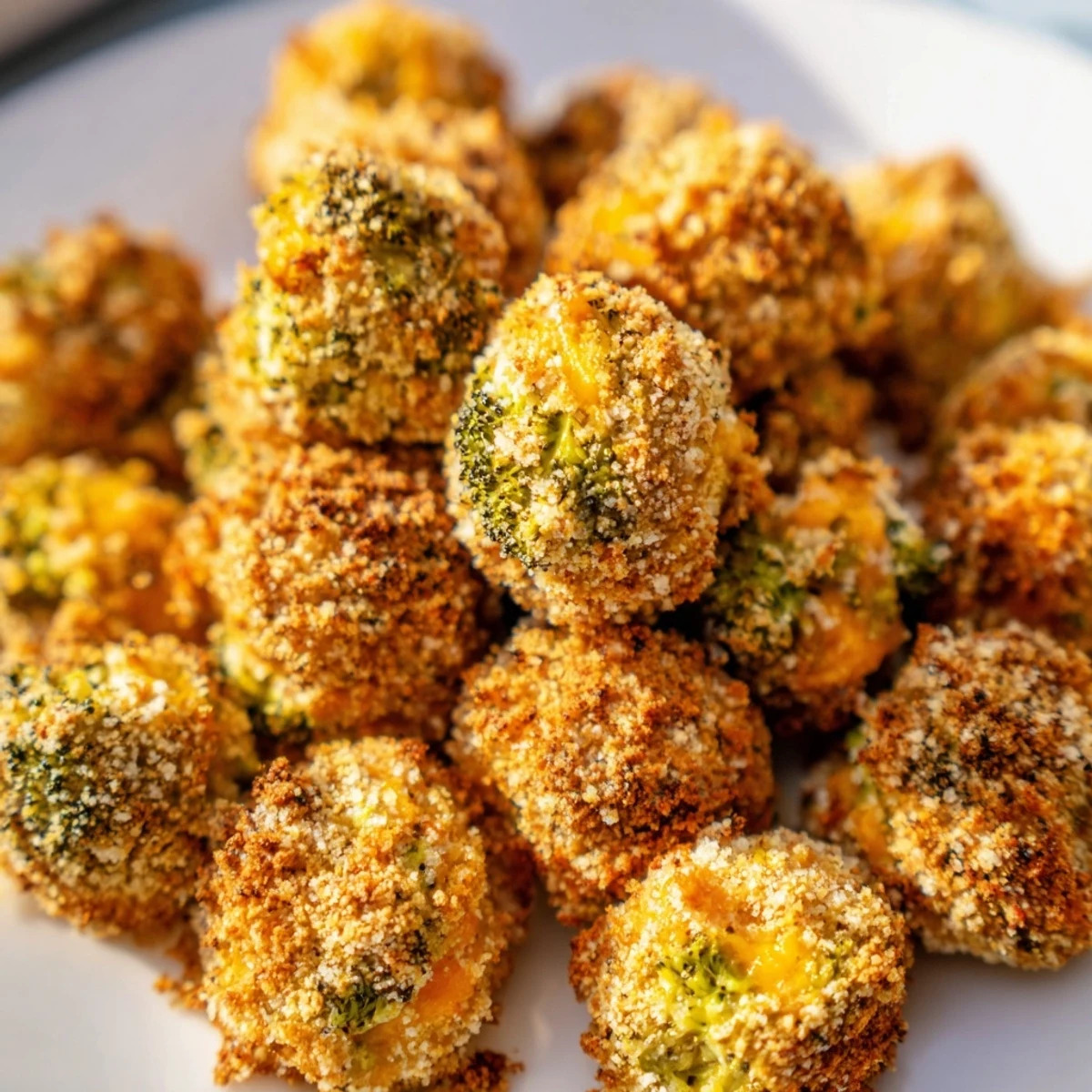 Crispy broccoli and cheese balls served with marinara dipping sauce on wooden board