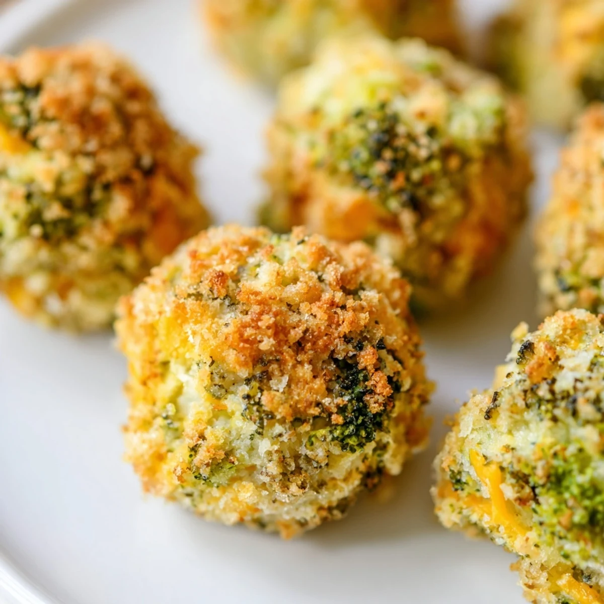 Close up of melty cheesy baked broccoli and cheese balls on parchment lined baking sheet