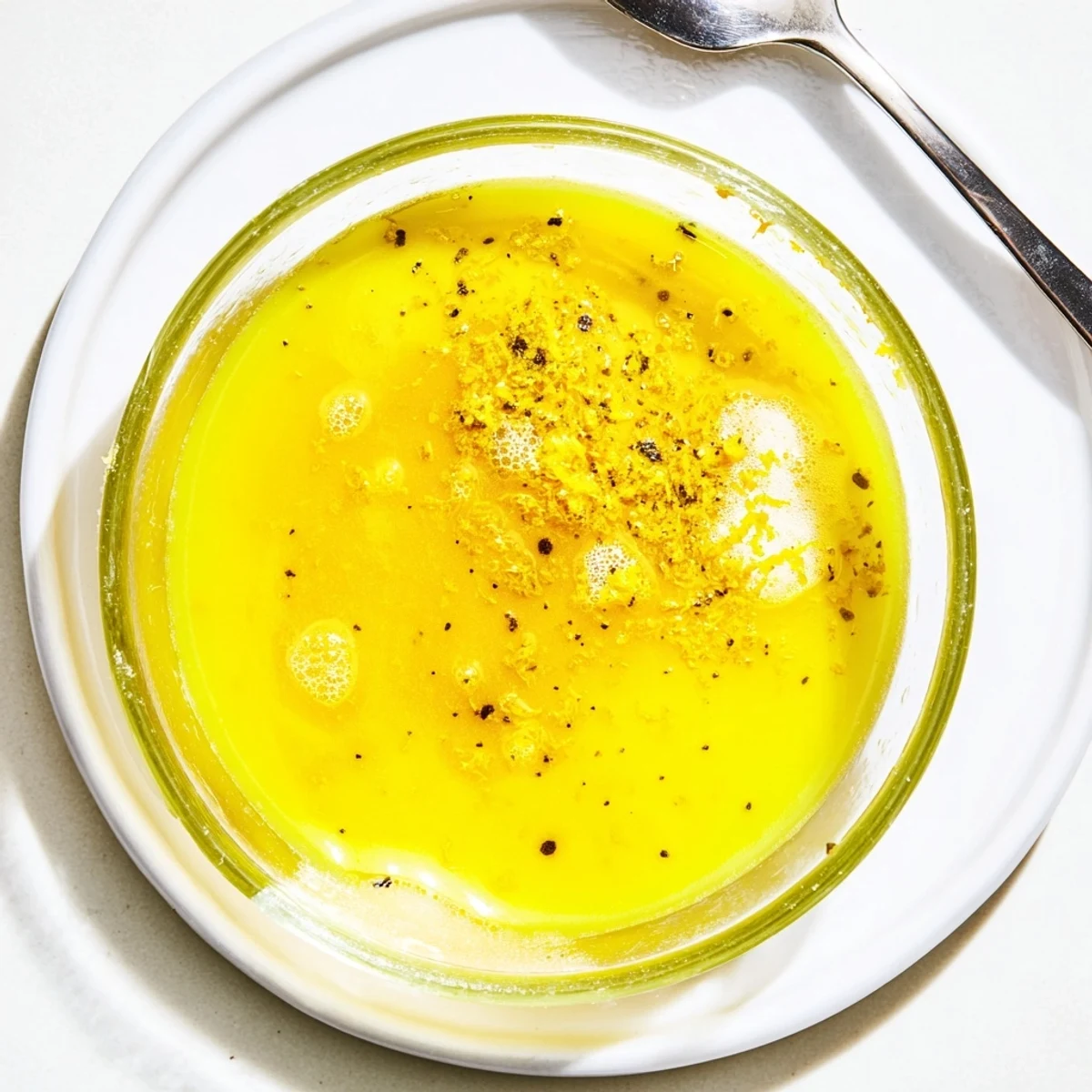 Glass jar of bright lemon vinaigrette dressing with fresh lemon slices and herbs on wooden table