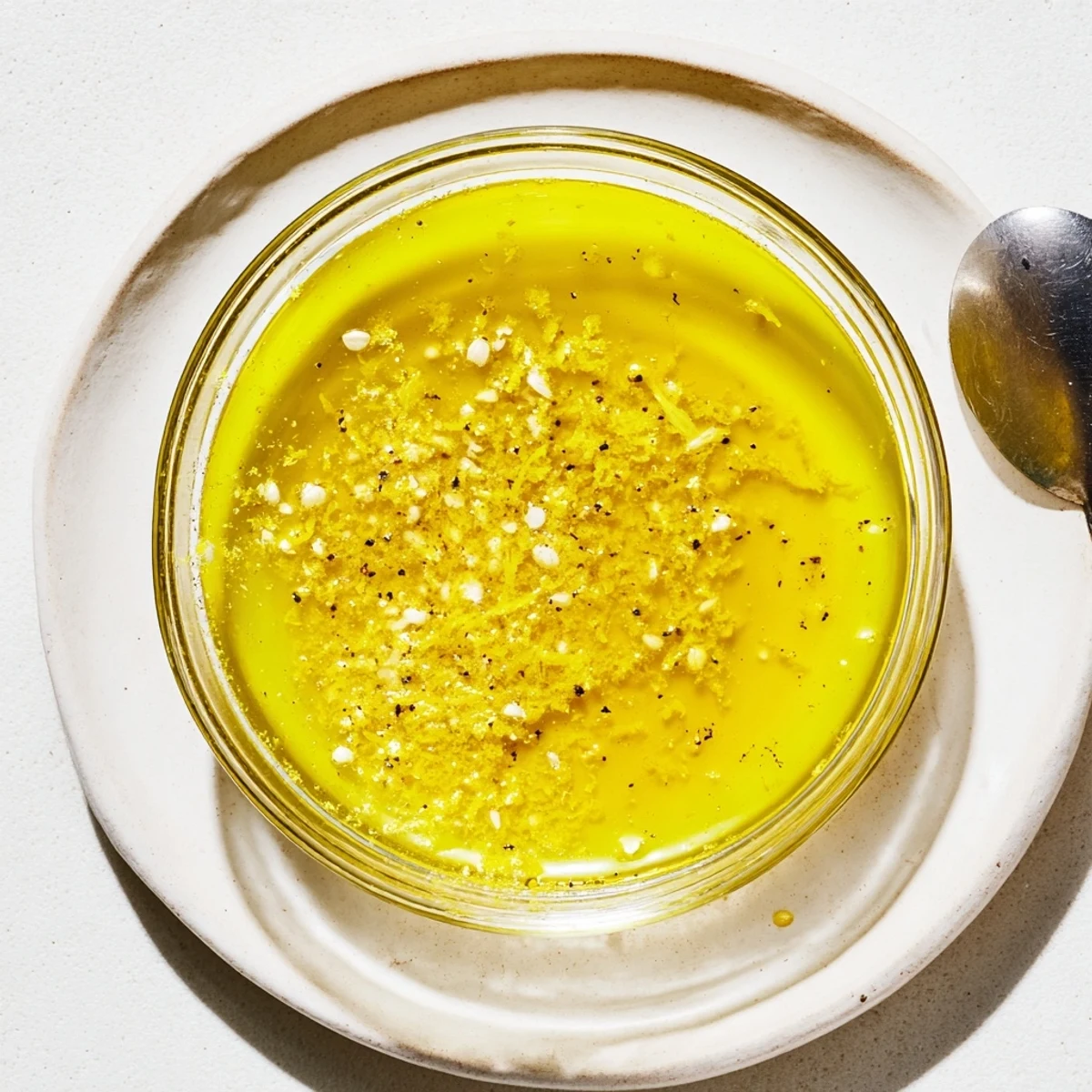 Close up of bright lemon vinaigrette dressing being whisked in bowl with garlic and lemon zest
