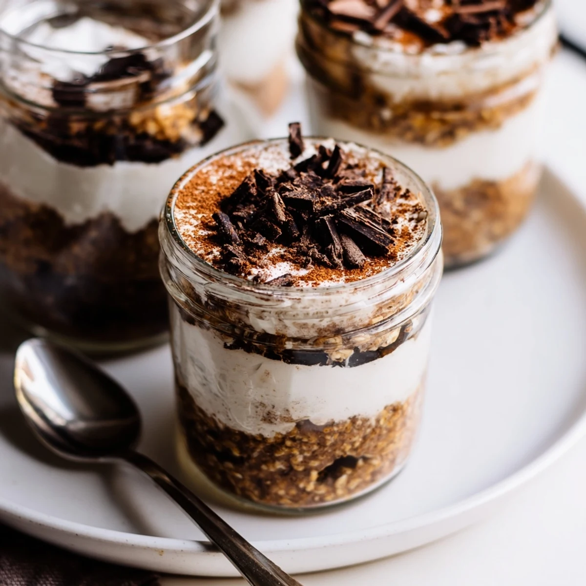 Creamy tiramisu overnight oats layered with espresso, cocoa, and mascarpone in glass jars