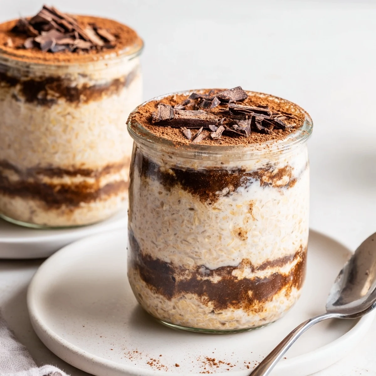 Decadent breakfast jar showcasing tiramisu overnight oats topped with chocolate shavings and cocoa dusting
