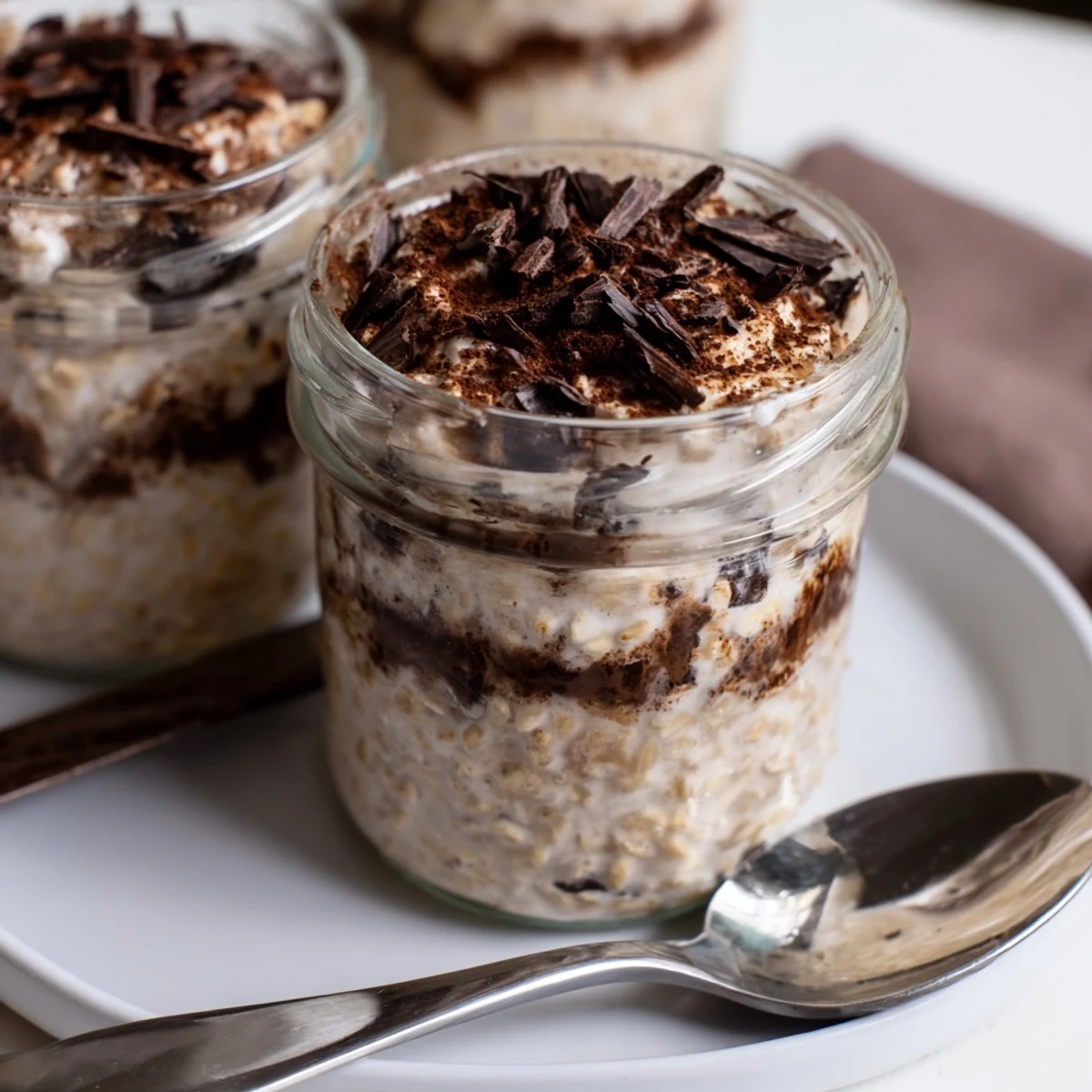 Italian-inspired tiramisu overnight oats featuring coffee-swirled layers and rich cocoa powder sprinkled on top