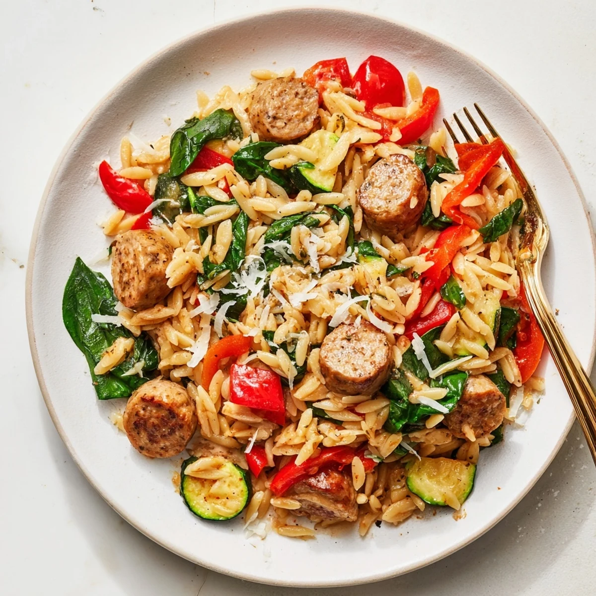 Golden chicken sausage orzo one pot meal with colorful vegetables in a rustic bowl