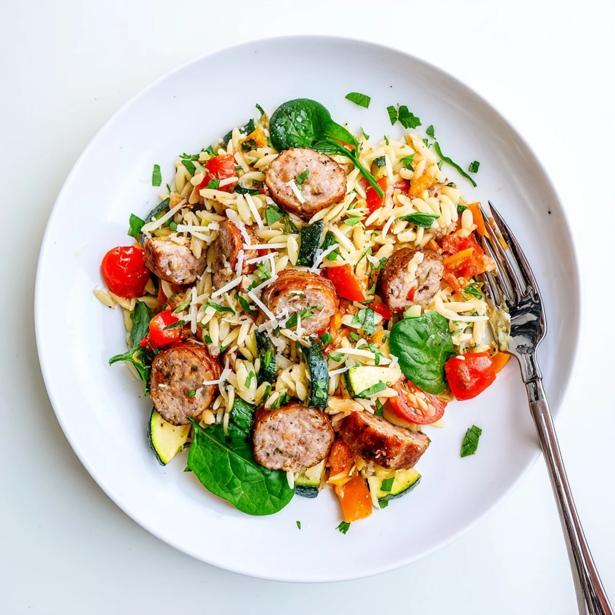Creamy chicken sausage orzo one pot meal featuring tender pasta and fresh spinach garnish