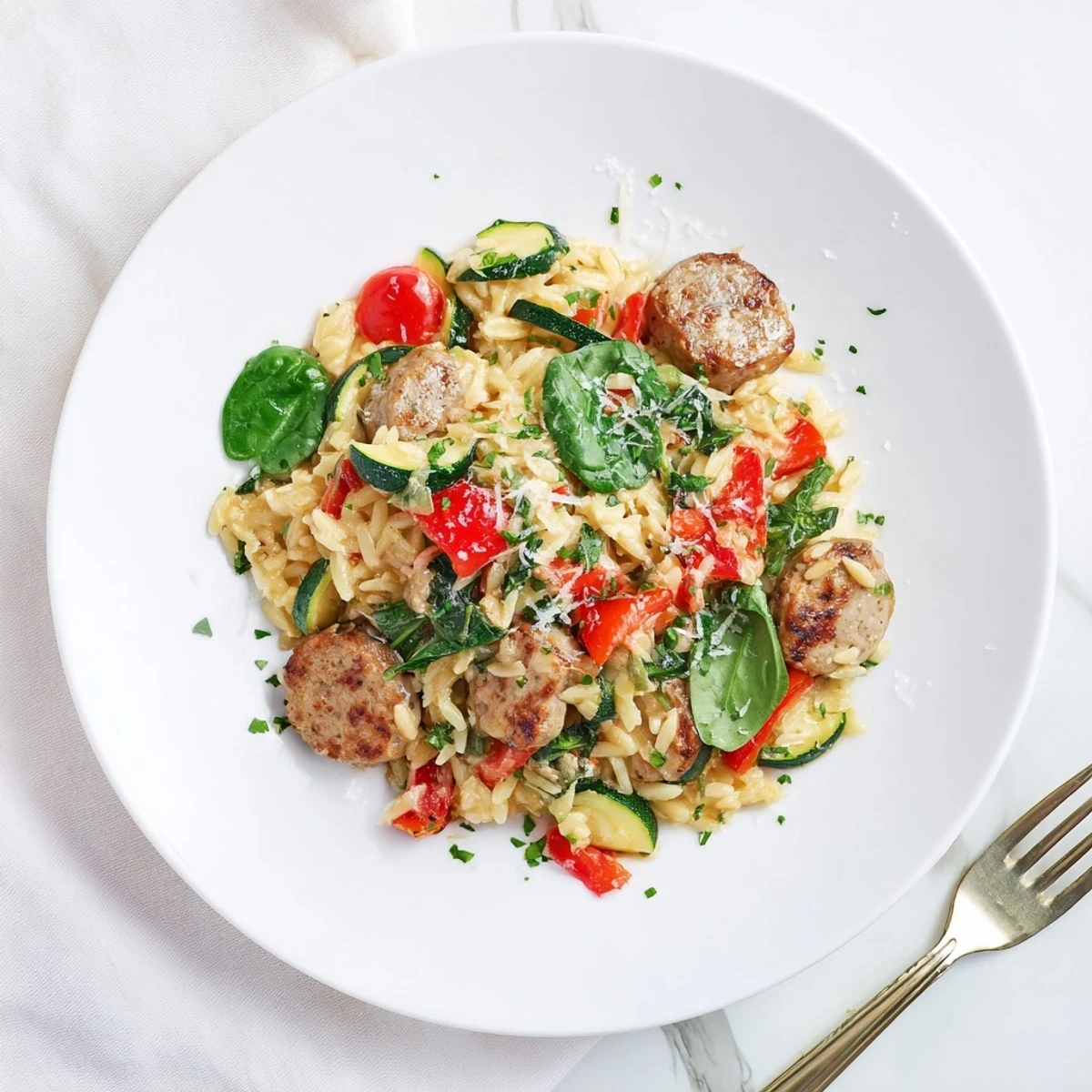 Savory Mediterranean-style chicken sausage orzo one pot meal with tomatoes and melted Parmesan topping