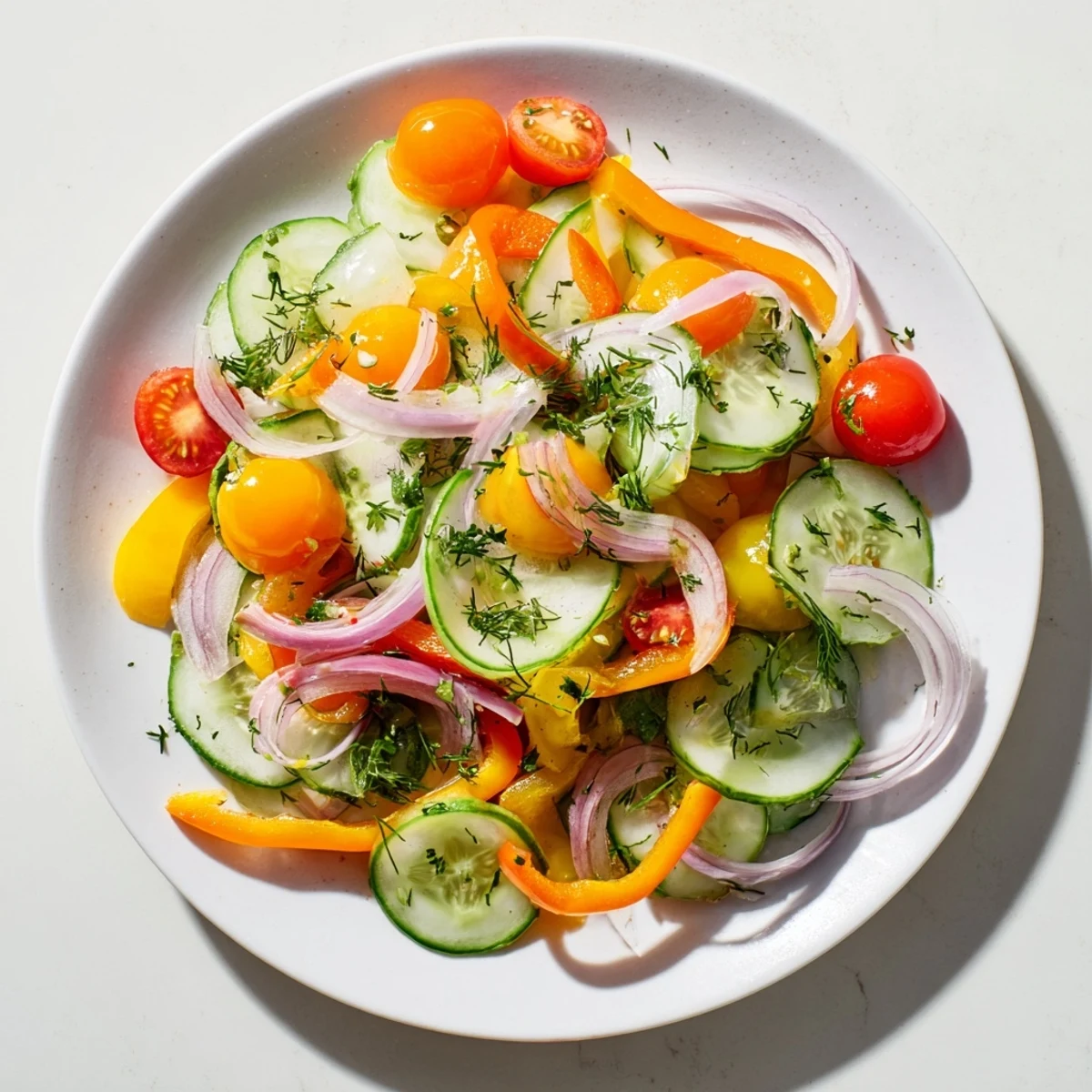Fresh cucumber and sweet pepper salad tossed in zesty lemon herb dressing