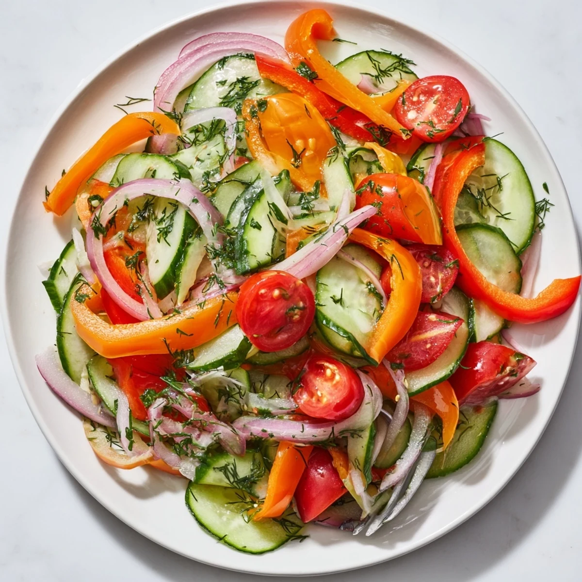 Vibrant cucumber and sweet pepper salad featuring red onion and fresh parsley