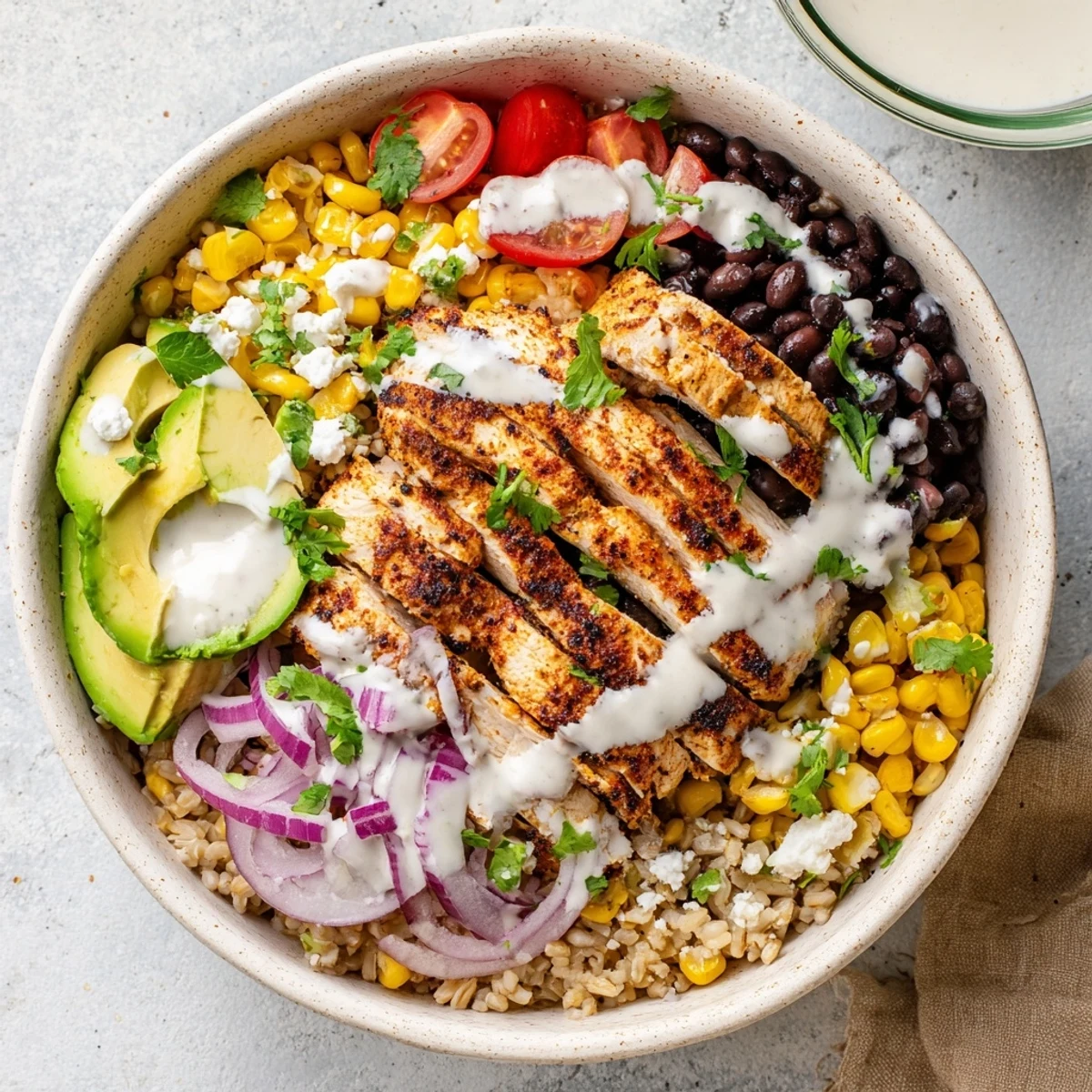 Hearty protein packed street corn chicken bowl layered with black beans, tomatoes, and tangy lime dressing