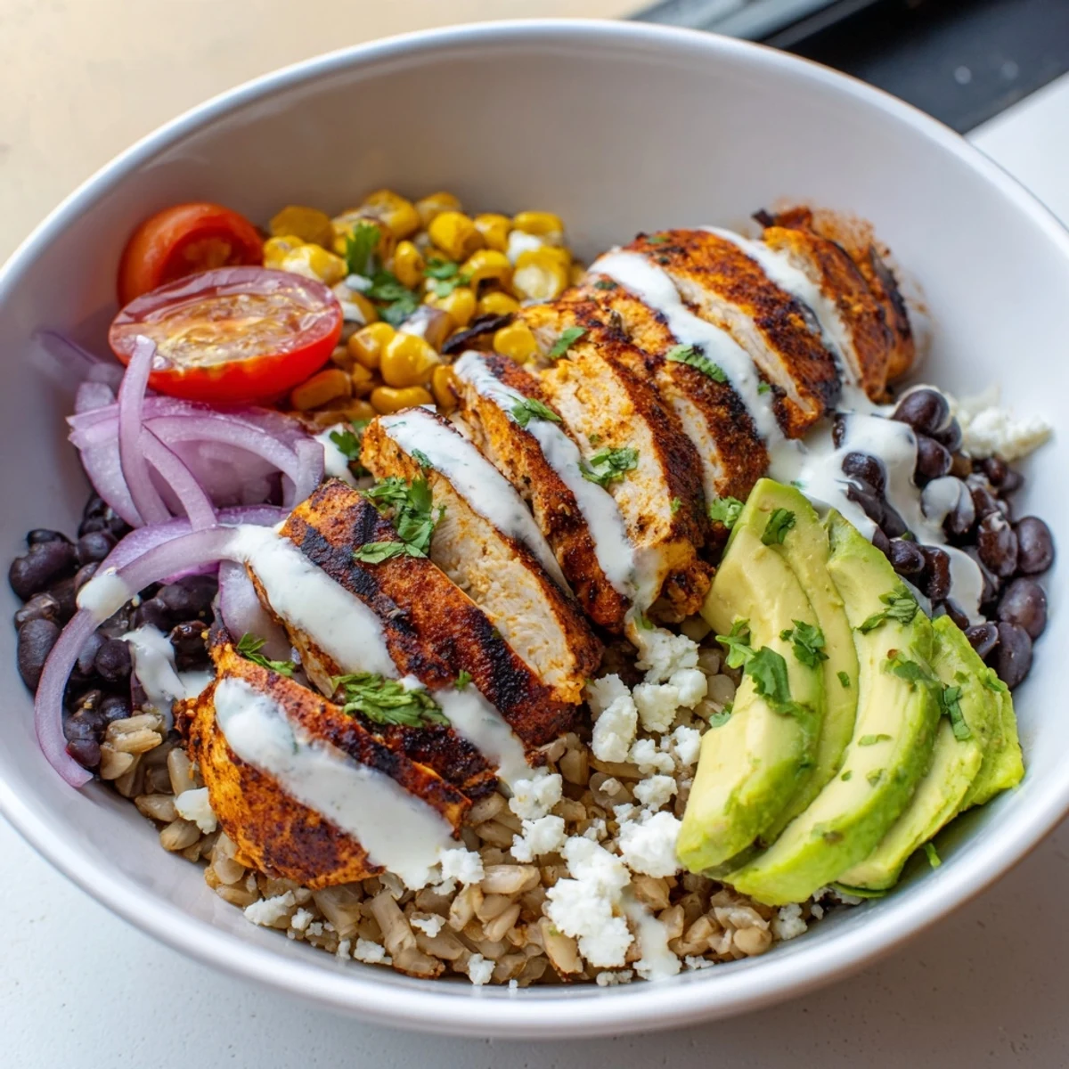 Colorful protein packed street corn chicken bowl featuring juicy spiced chicken, cotija corn, and creamy avocado