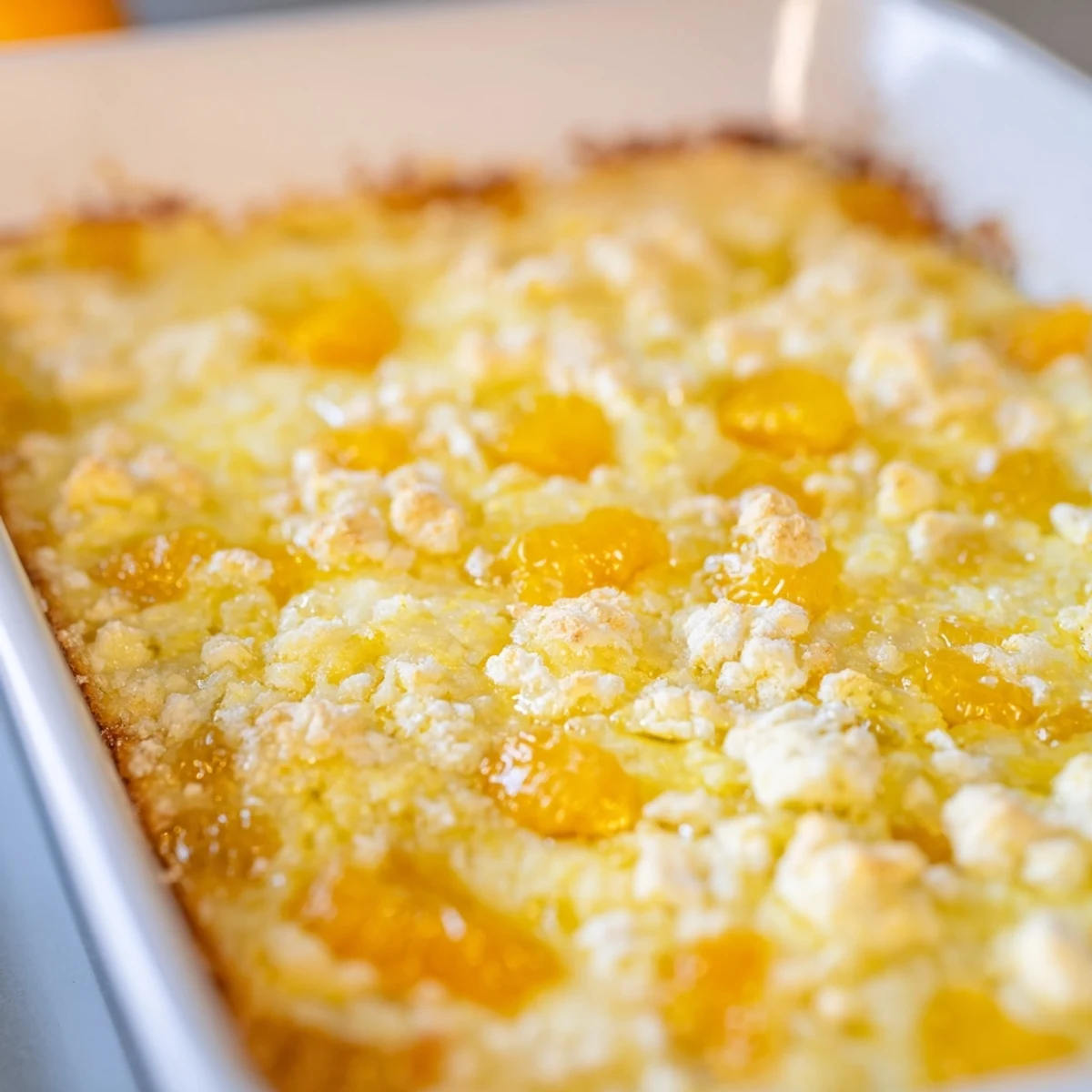 Golden citrus lemon dump cake with bubbling fruit layer and buttery yellow cake topping